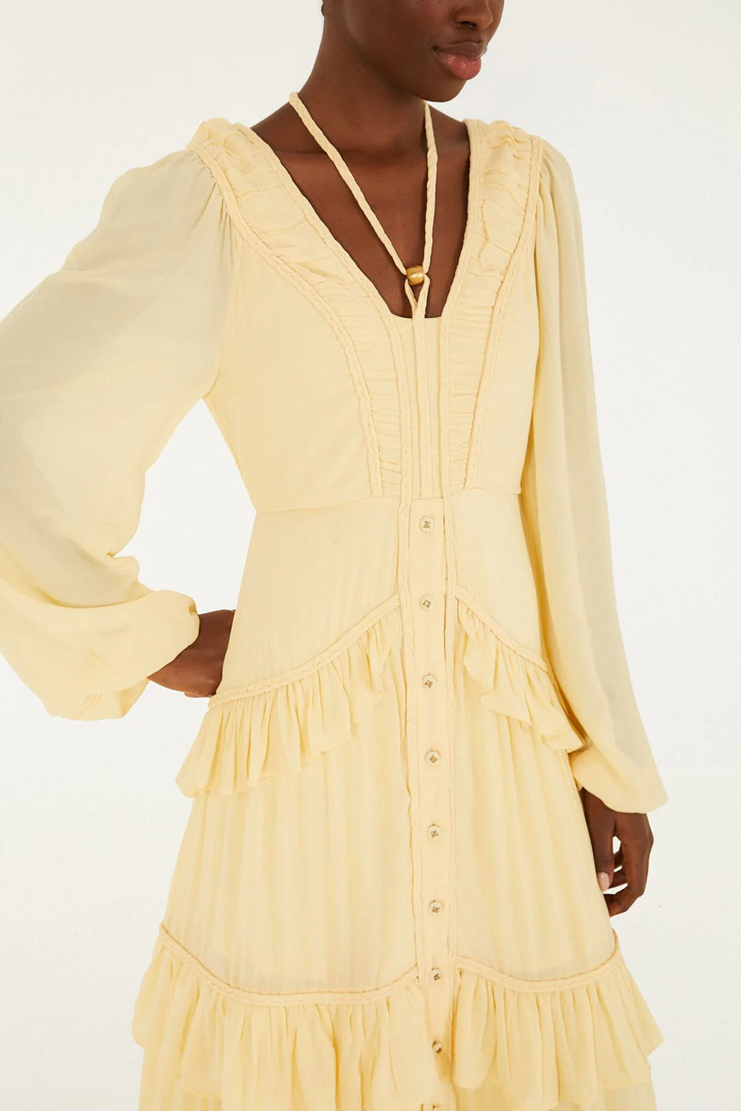 Butter Yellow Ruffled Buttoned Maxi Dress