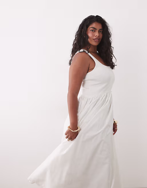 Curve scoop ribbed bodice with poplin skirt midi dress in white