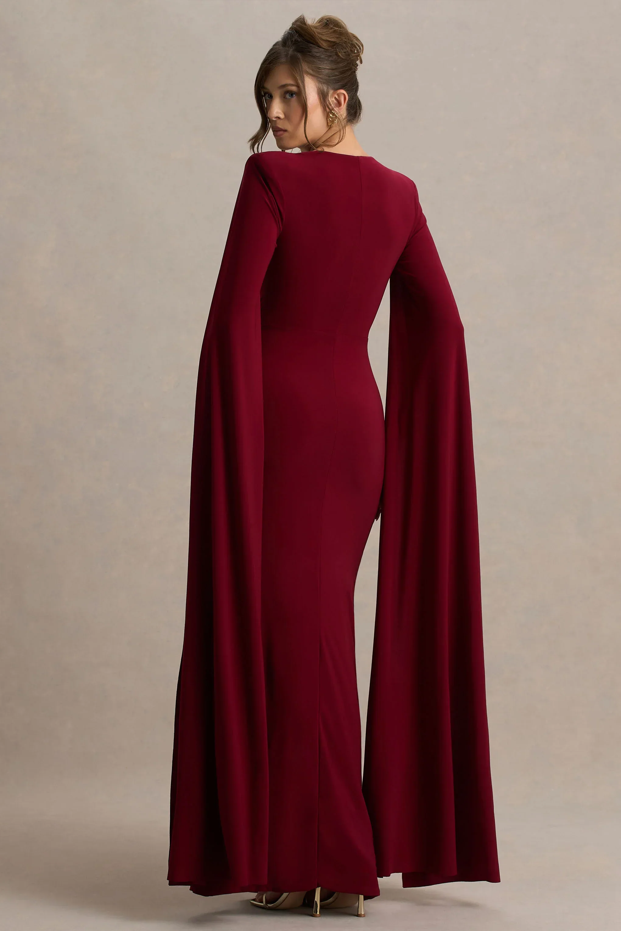 Claretta | Berry Square Neck Twisted Maxi Dress With Cape Sleeves