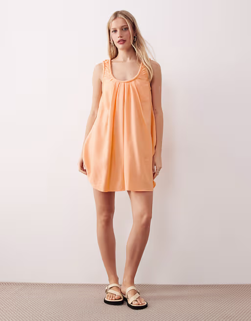 ruched neck mini sundress in orange spritz performance fabric