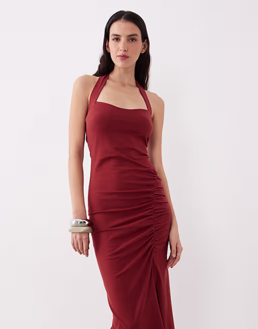 halter ruched front midi dress in rust
