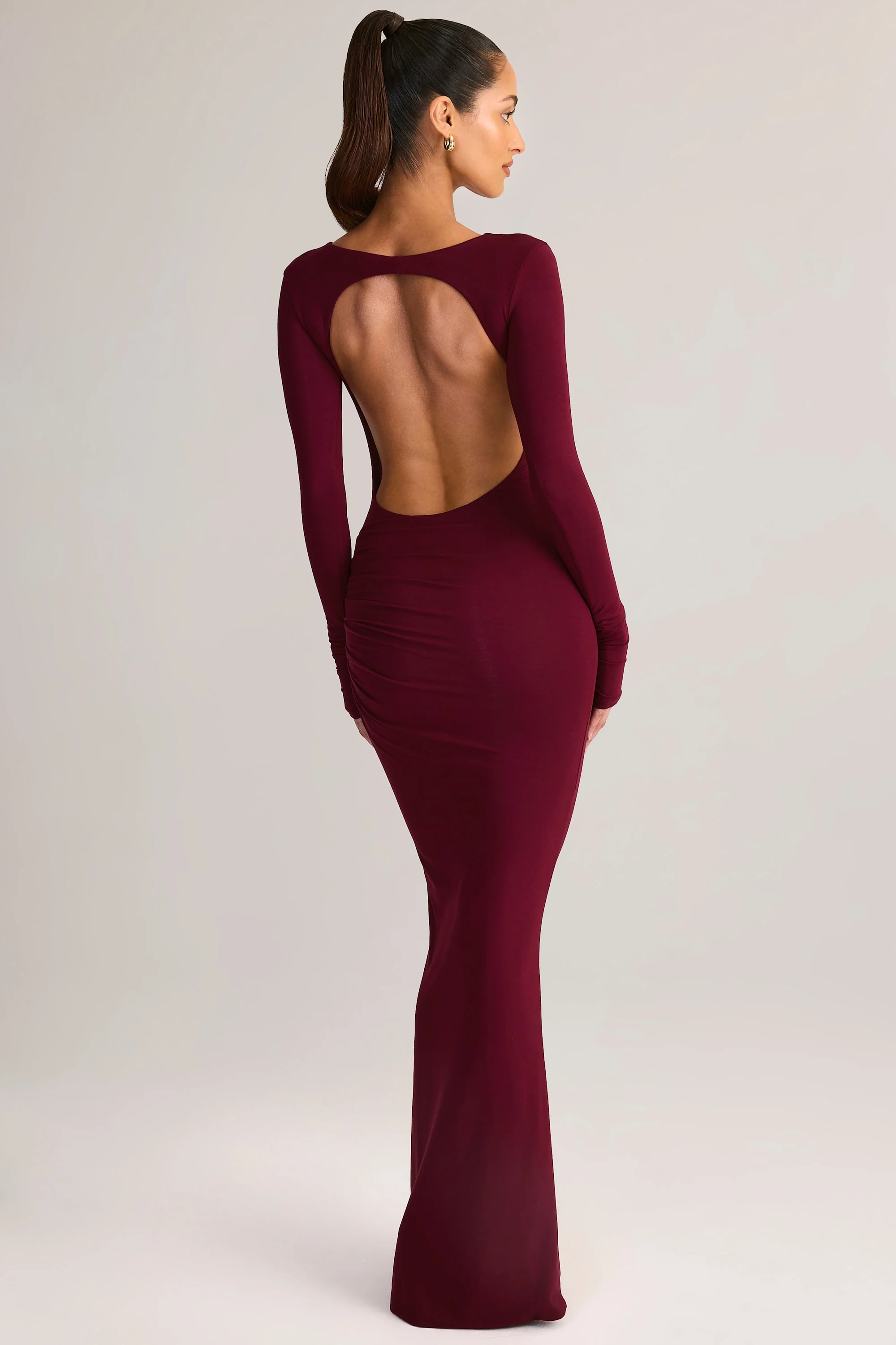 Modal Ruched Backless Maxi Dress in Wine