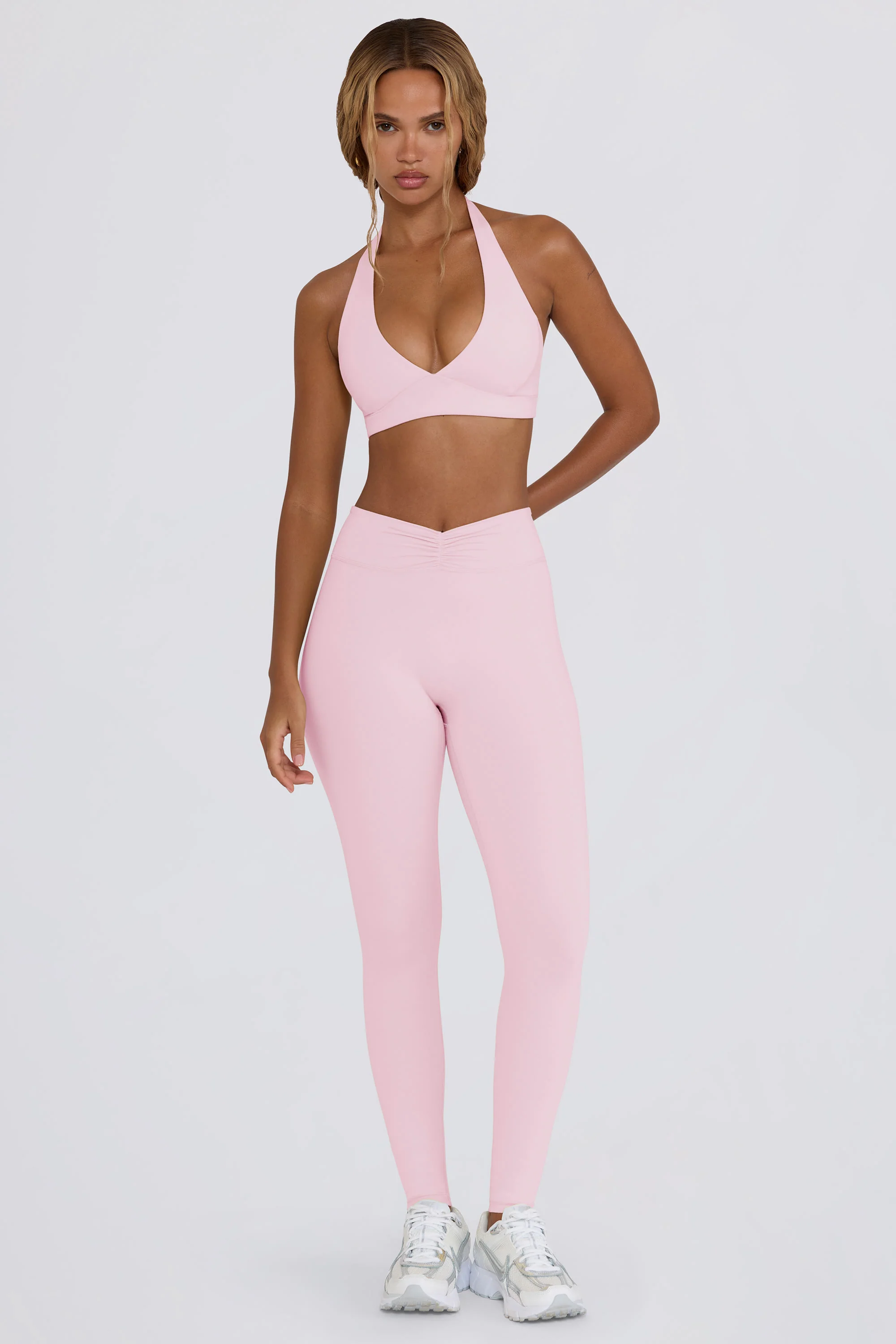 Brushed Jersey Ruched Mid-Rise Leggings in Pale Pink Marl