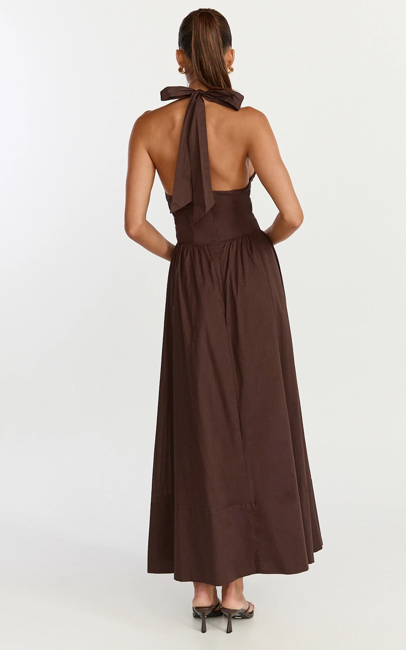 Everly Midi Dress - Tie Halter Neck Button Down Bodice Fit And Flare Dress in Chocolate