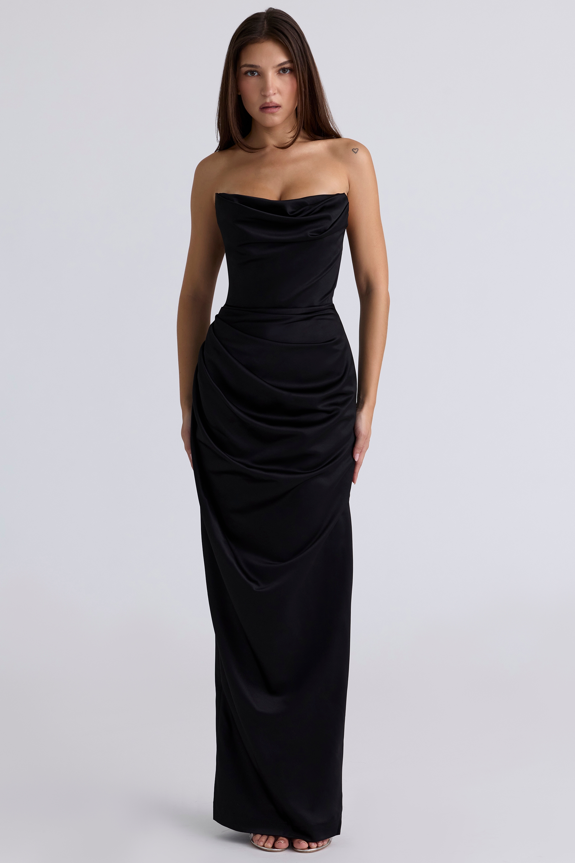 black satin strapless corset maxi