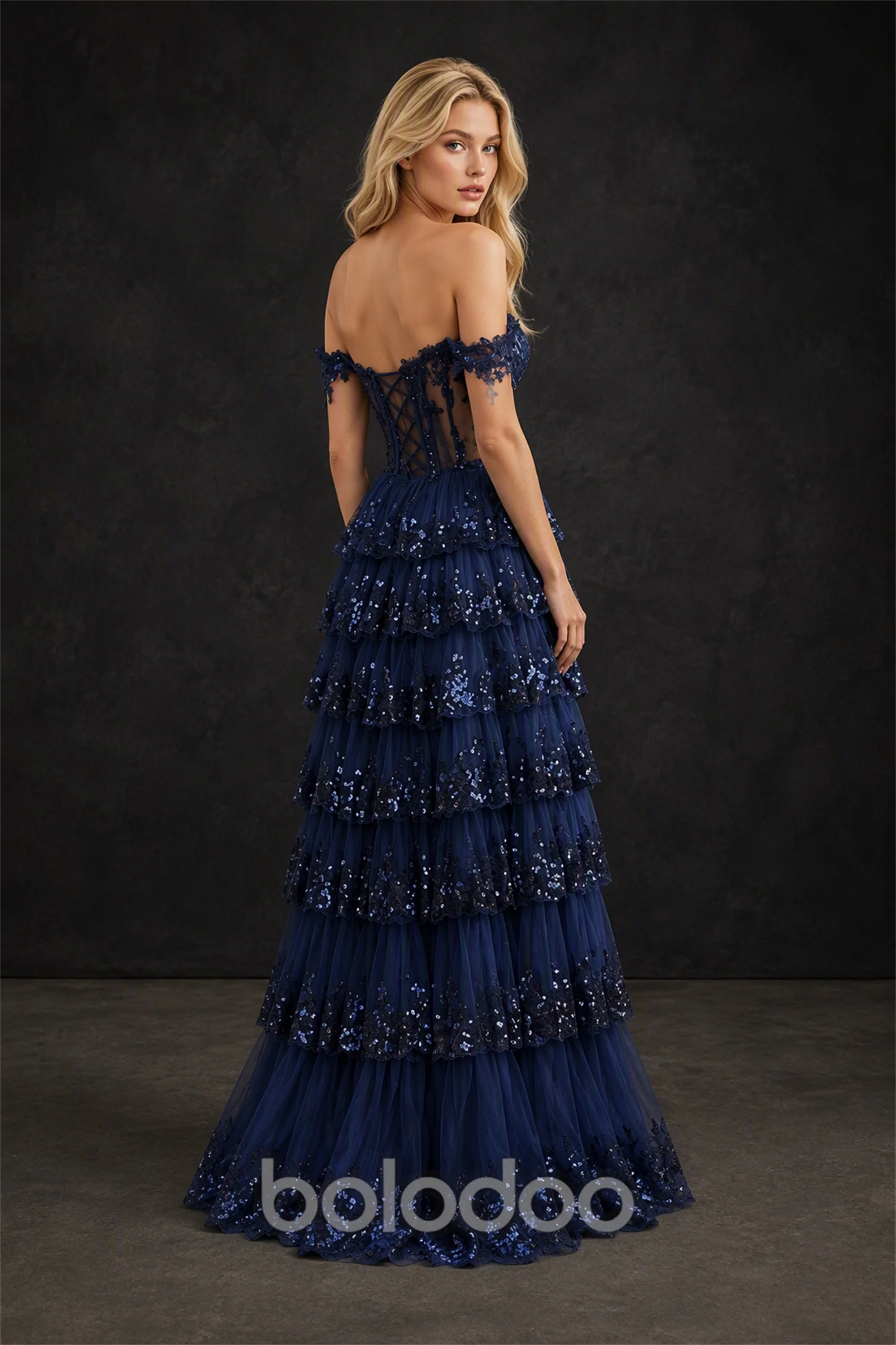 BOLODOO Navy Blue Off-Shoulder Sheer Corset 3D Floral Tiered Sequin Tulle Ball Gown | Prom & Formal Evening Dress