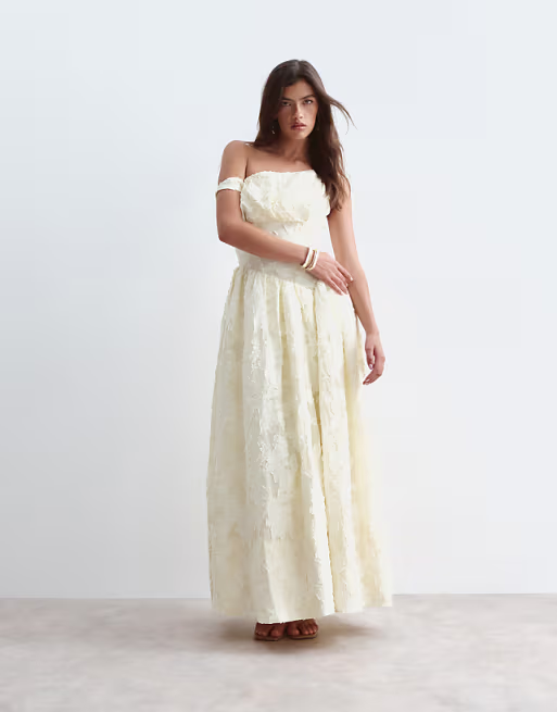 ARRANGE off shoulder corseted jacquard maxi dress in buttermilk
