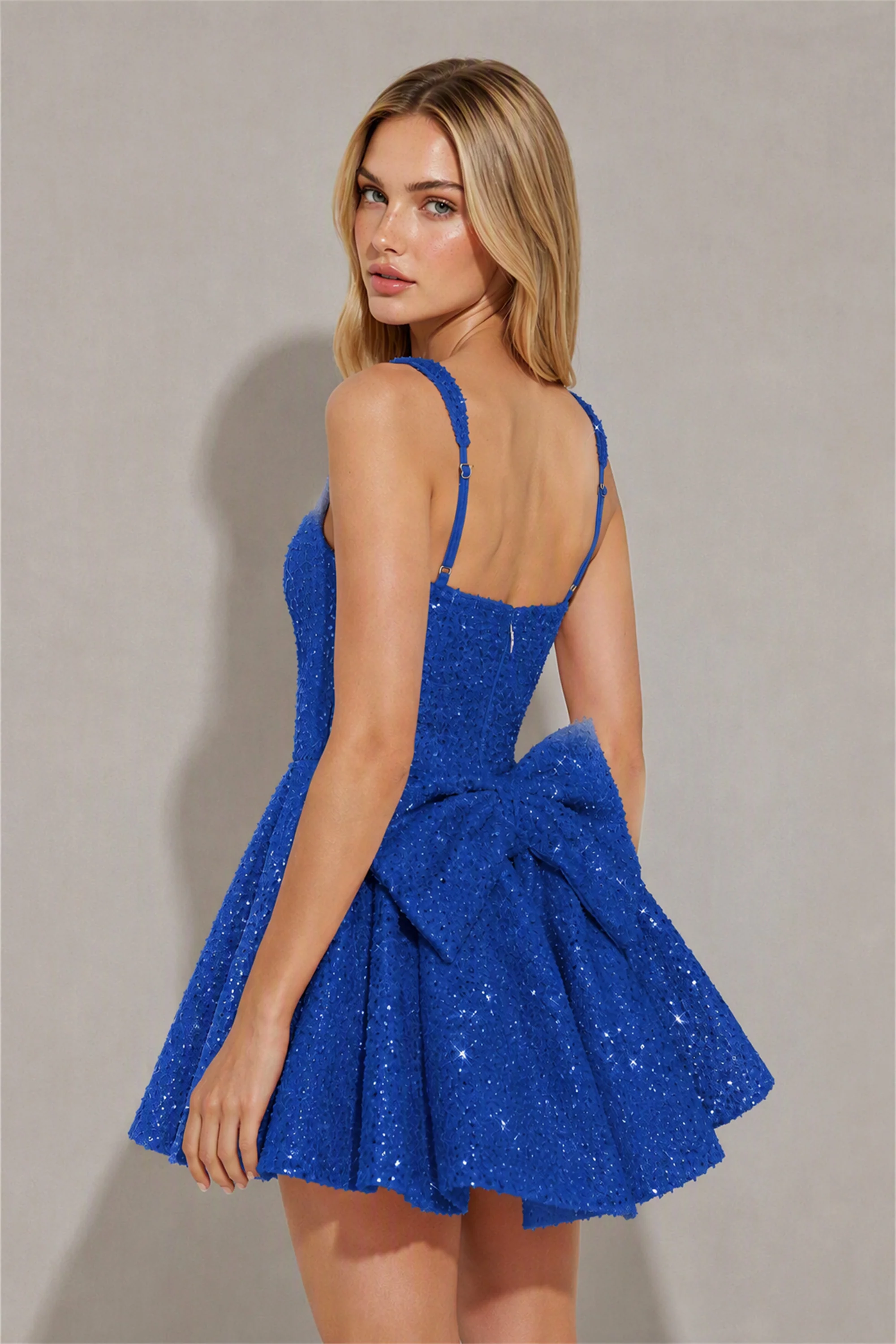 BOLODOO Royal Blue Sequin Square Neck Wide Strap Bow Waist Open Back Fit and Flare Mini Dress | Prom Birthday Party Dress