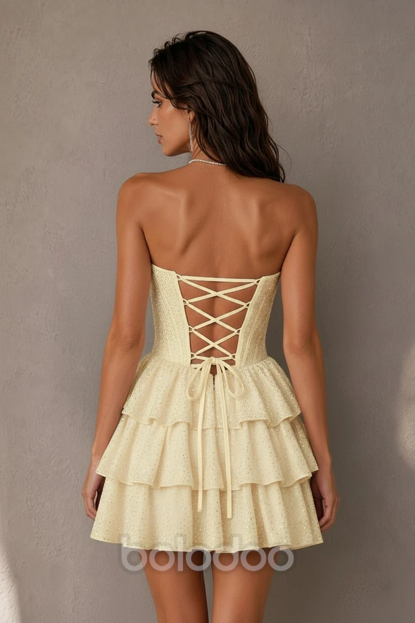 BOLODOO Light Yellow Rhinestone Strapless Corset Tiered Ruffle Lace-Up Back Homecoming Mini Dress