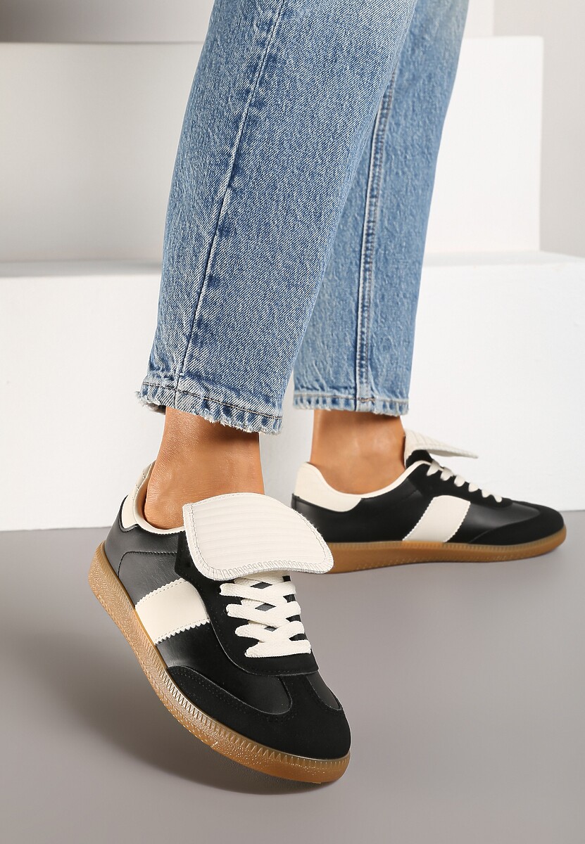 Czarne Sznurowane Płaskie Sneakersy z Geometrycznym Wzorem Felilva