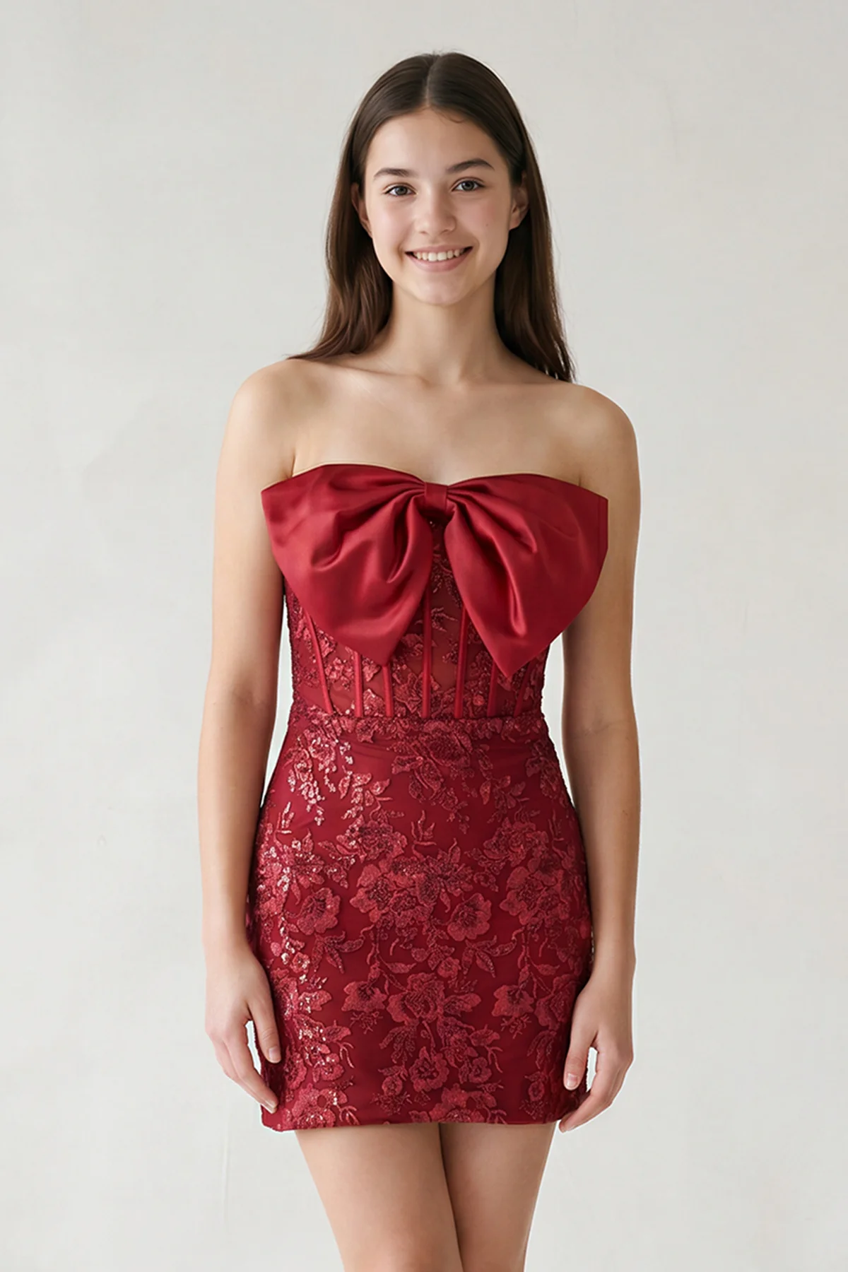 Pink Bodycon Sequined Lace Strapless Corset Homecoming Dresses with Bow