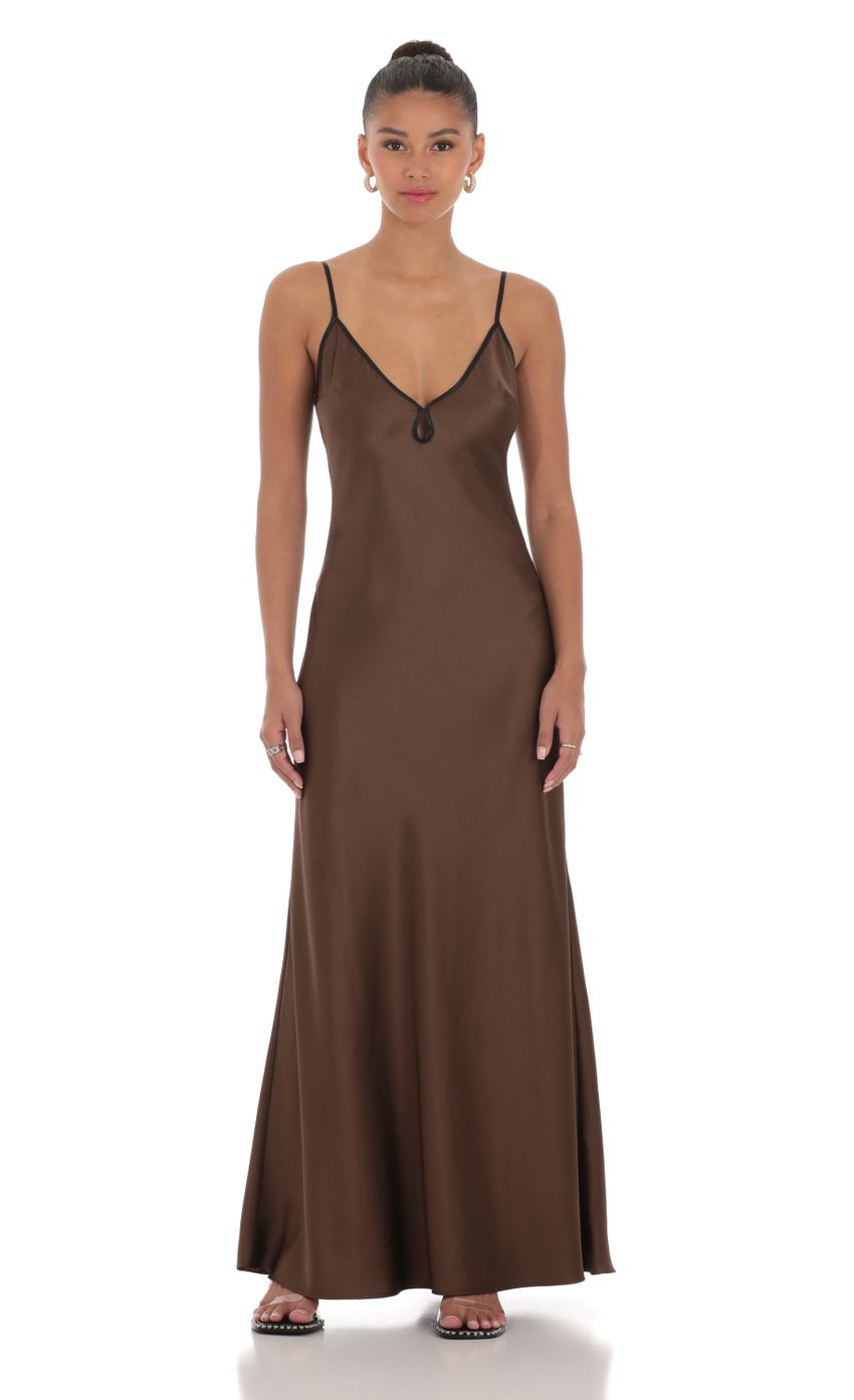 Satin Shift Maxi Dress in Brown