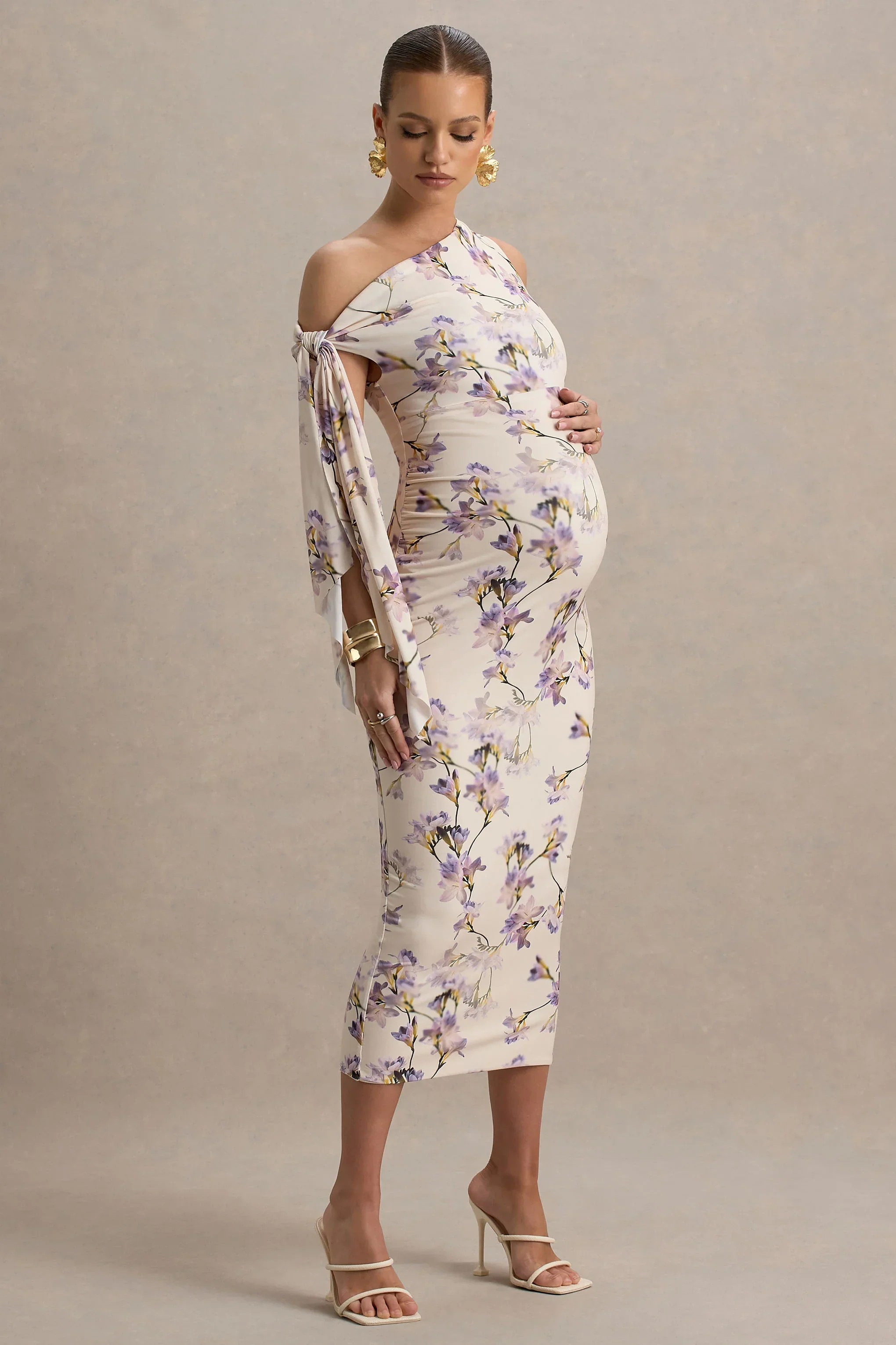 Katarine | Peach Floral Print Asymmetric Knot Maternity Midi Dress