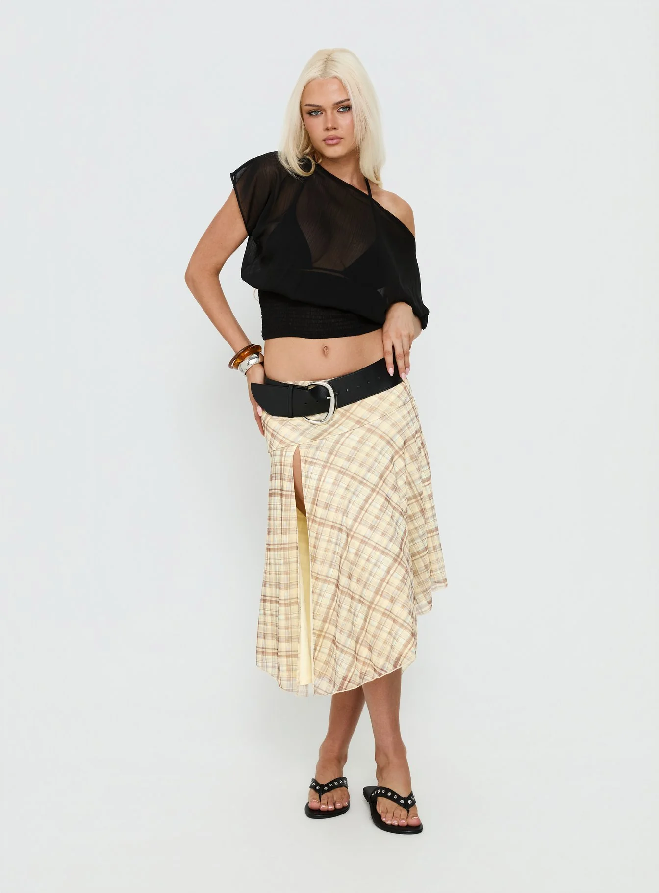 Dulciana High Split Asymmetrical Midi Skirt Multi Check
