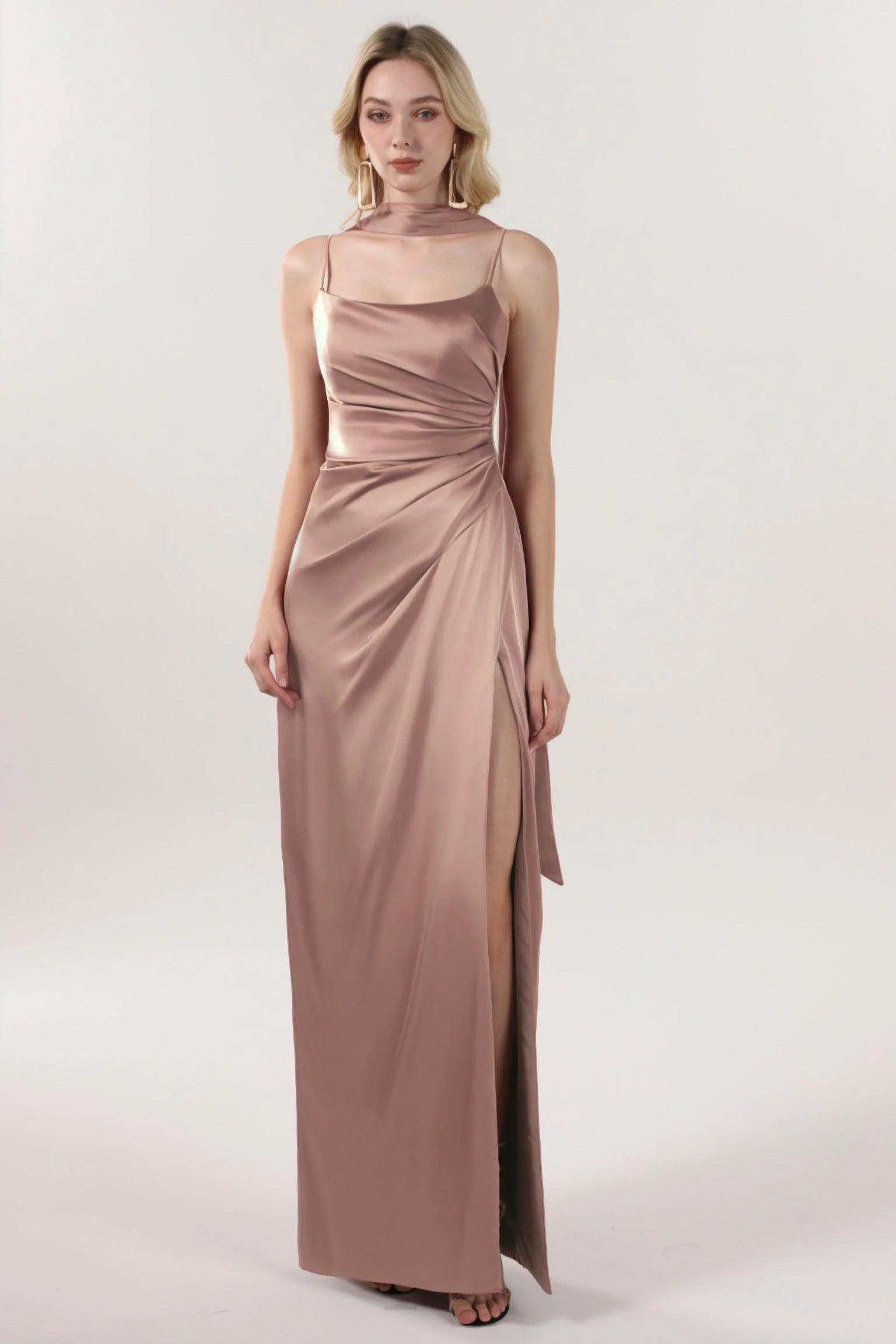 Sheath-Column Maxi Luxe Satin Bridesmaid Dress CS0599BM