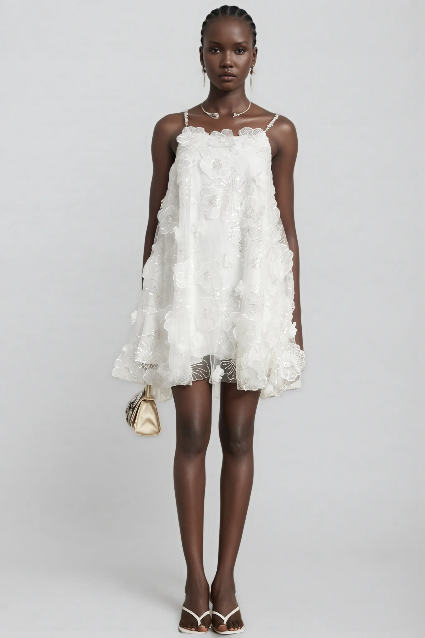 Darirke White Flower Sequin Mesh Mini Dress