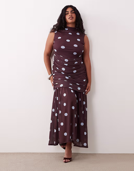Curve printed polka dot ruched drop waist circle dress with grown on neck in blue