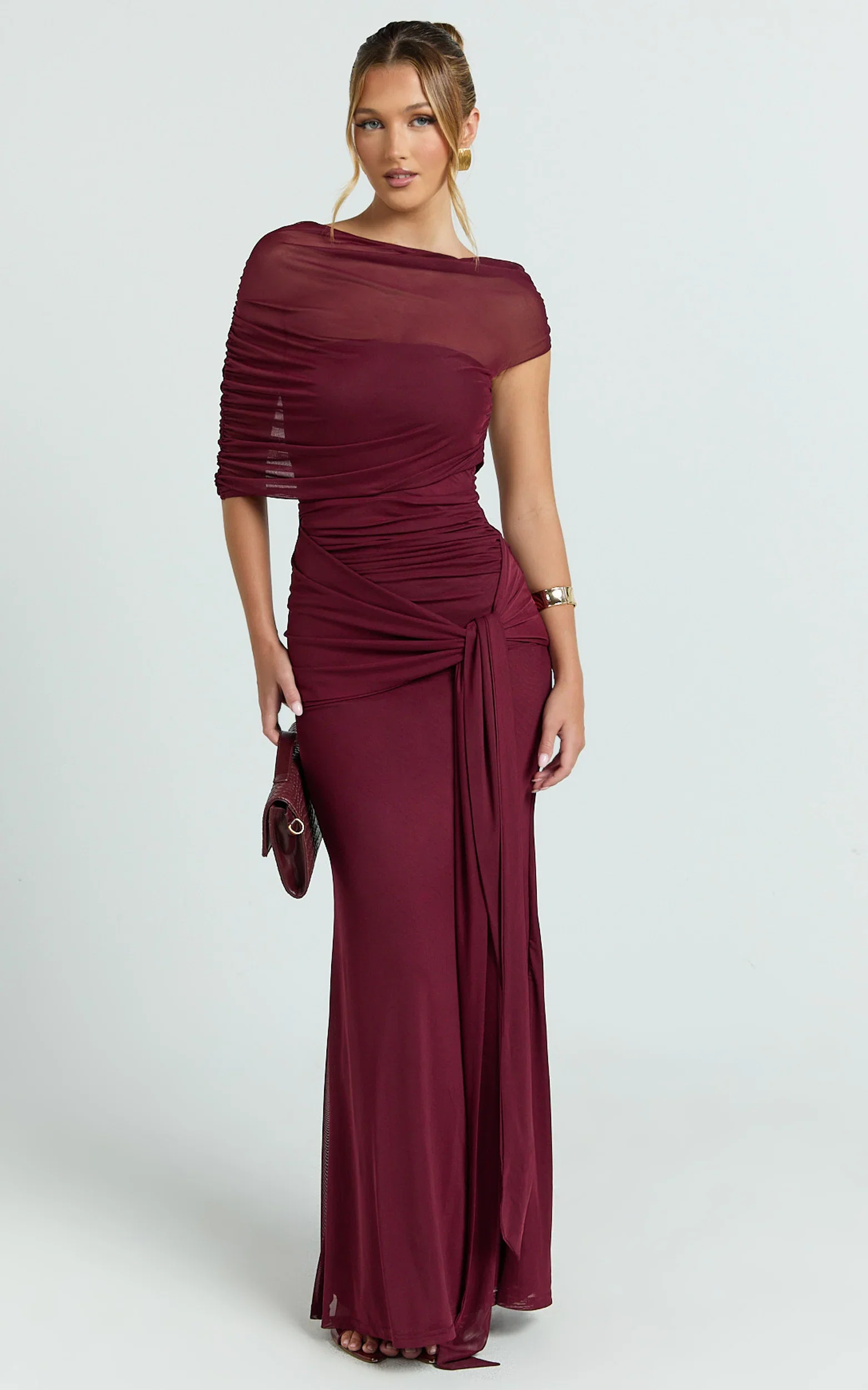 Nicolette Maxi Dress - Cape Sleeve Off Shoulder Dress in Wine
