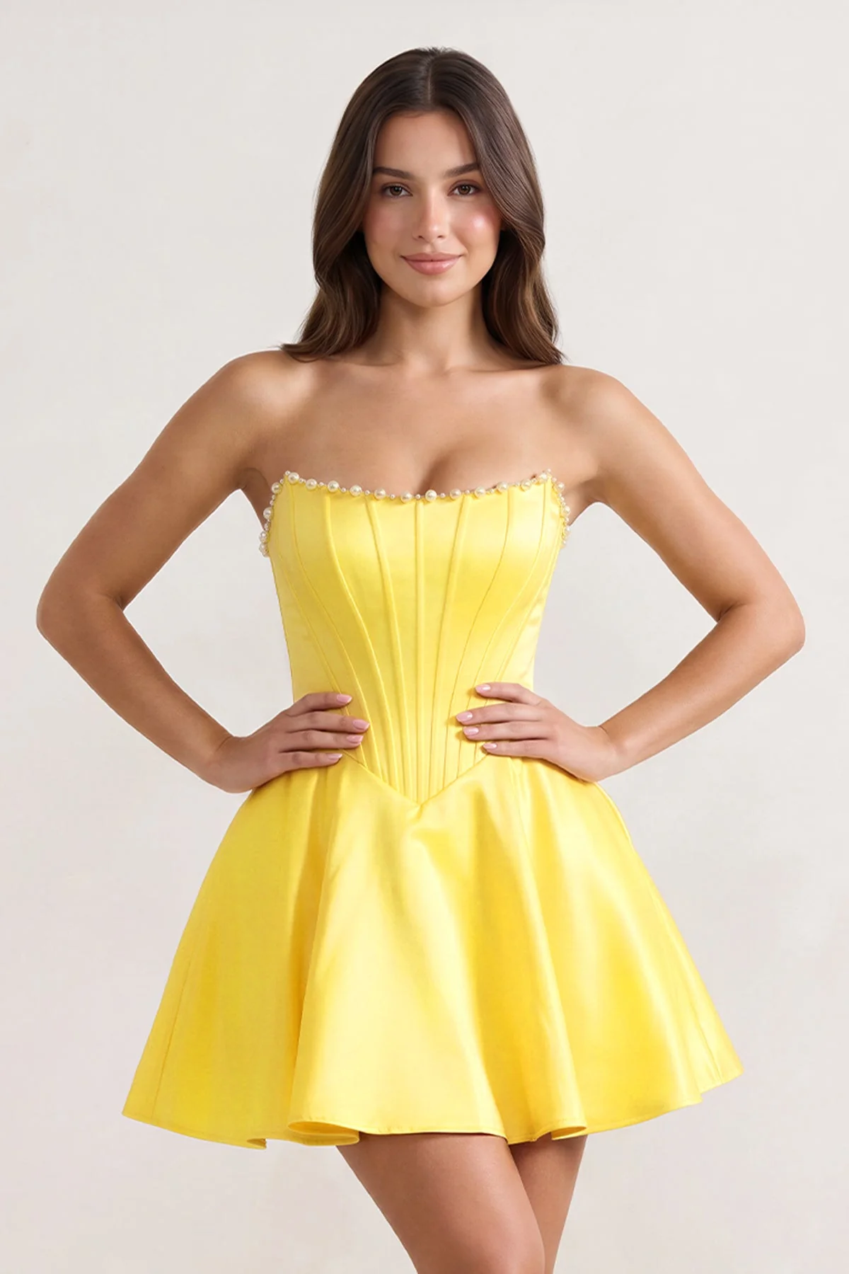 Yellow Strapless A-Line Satin Corset Homecoming Dress With Pearl