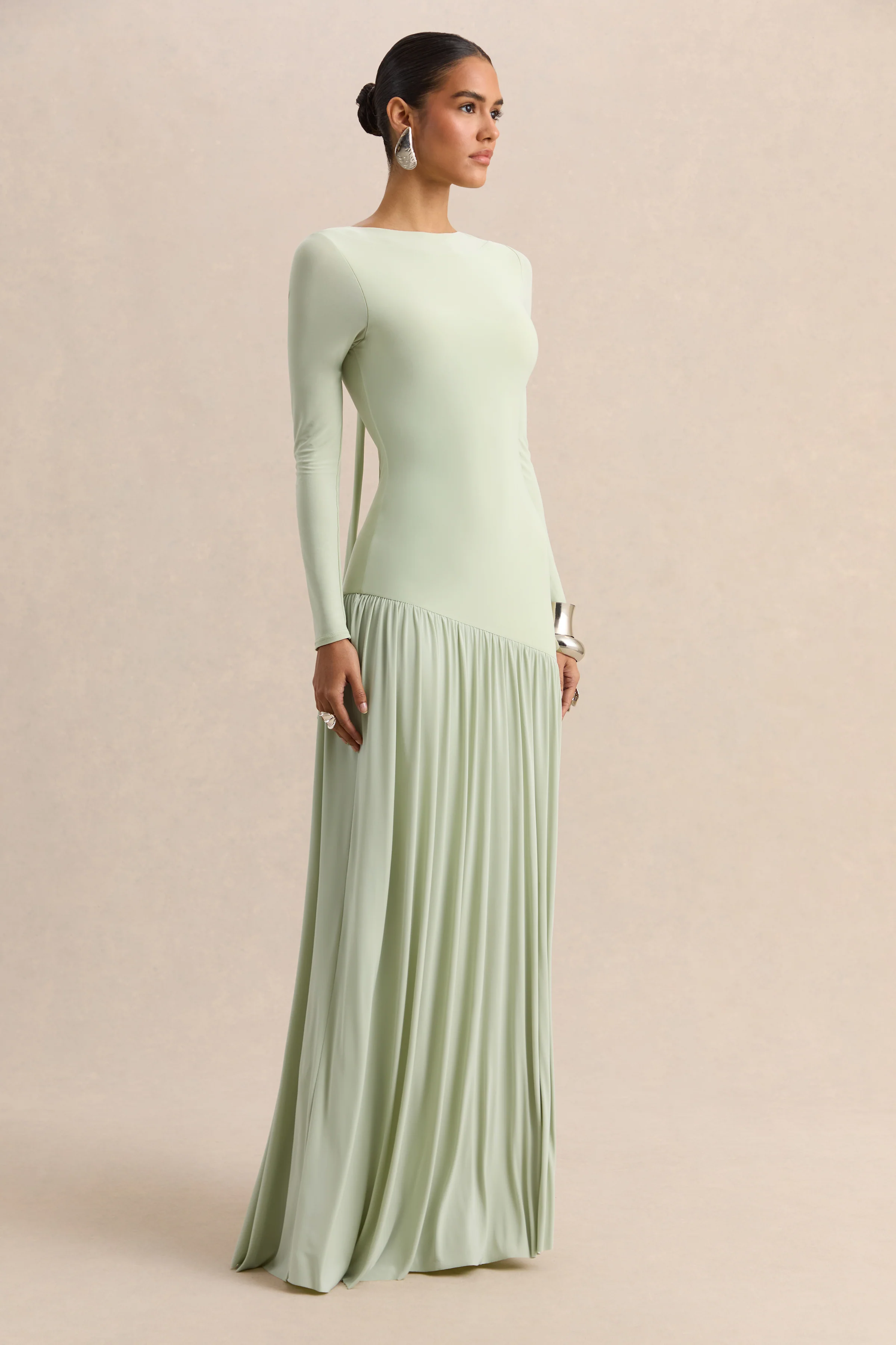 Jasira | Mint Crew-Neck Maxi Dress With Asymmetric Drop-Waist