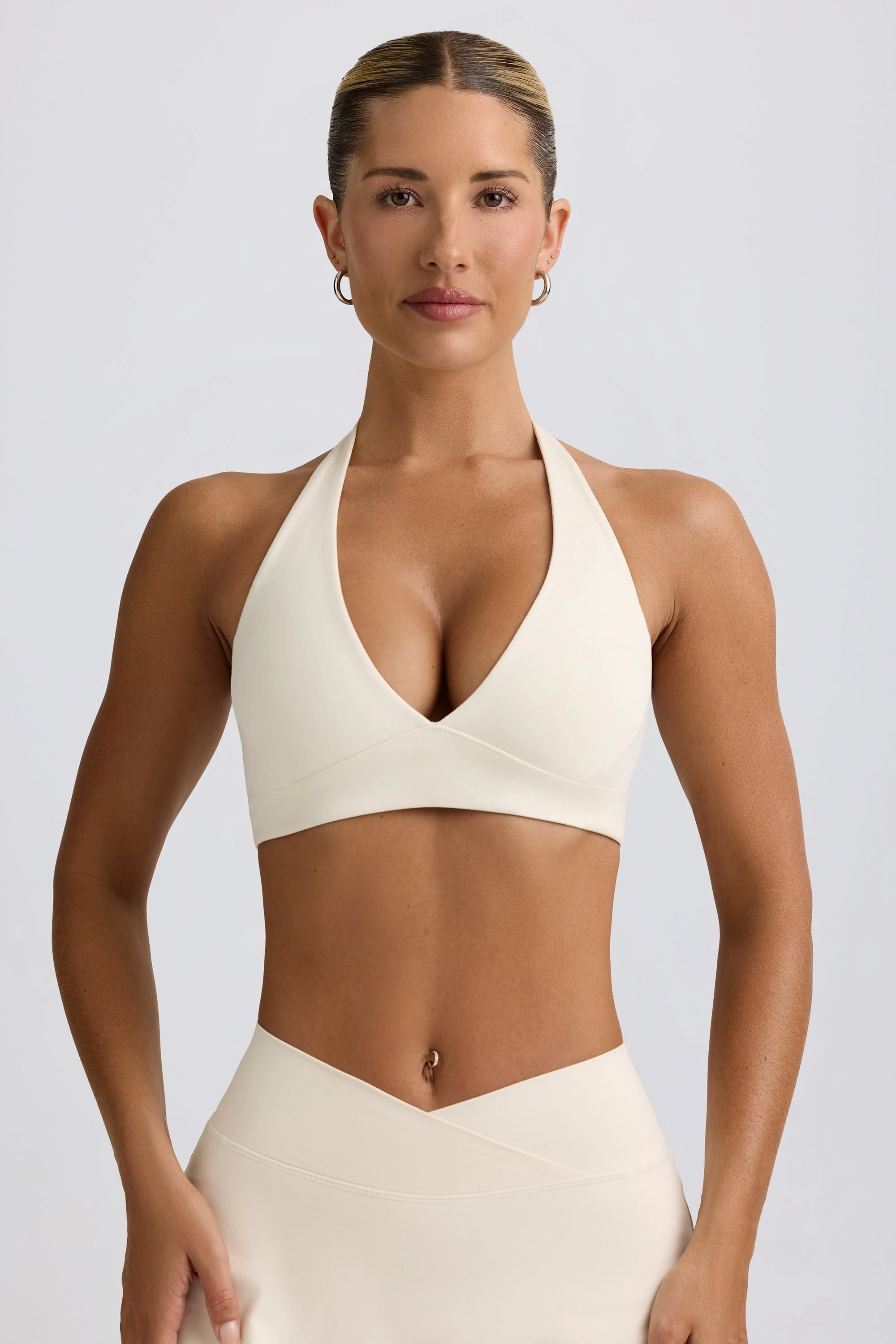 Brushed Jersey V-Neck Sports Bra in Ivory Marl