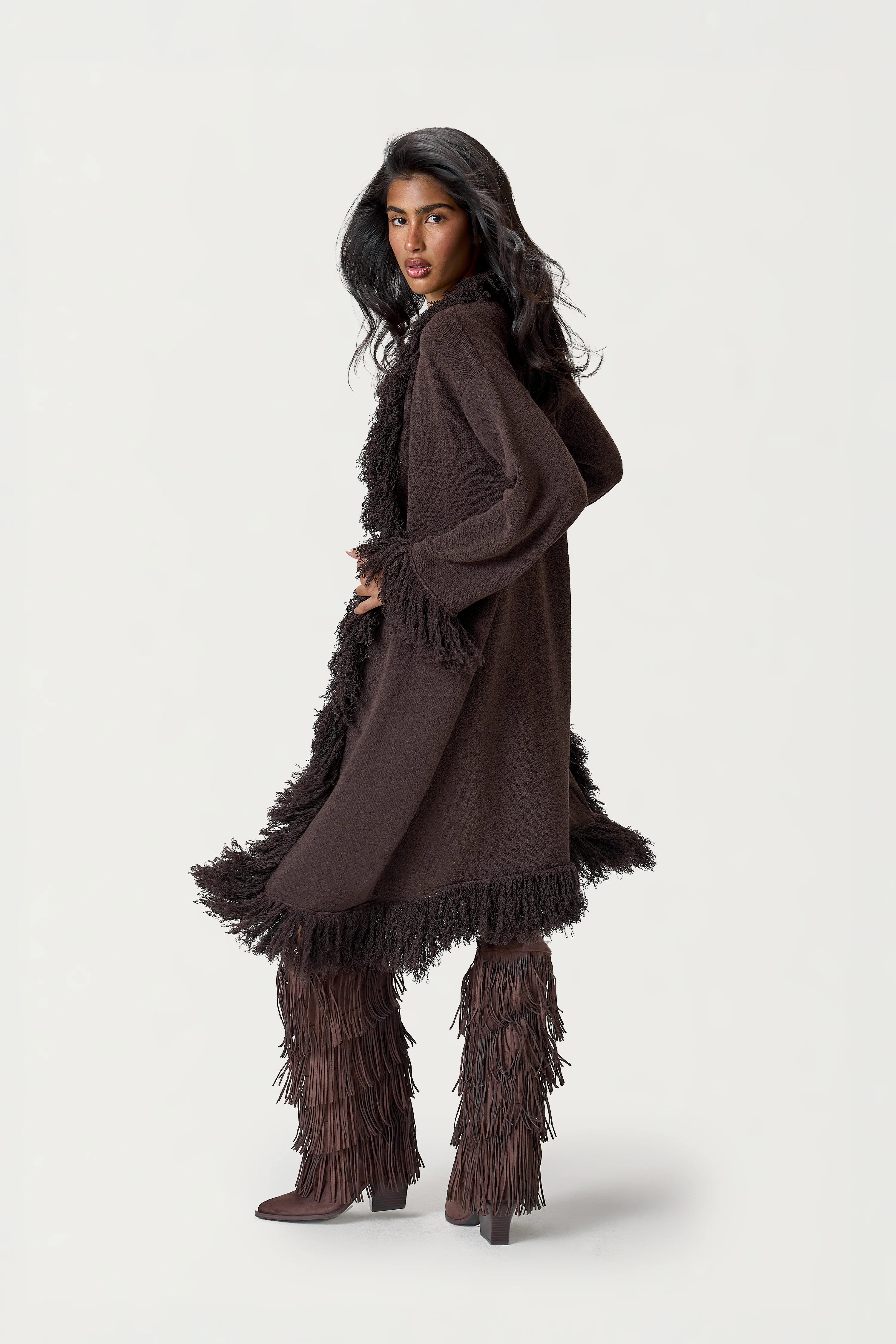 Santana Fringe Midi Cardigan in Brown