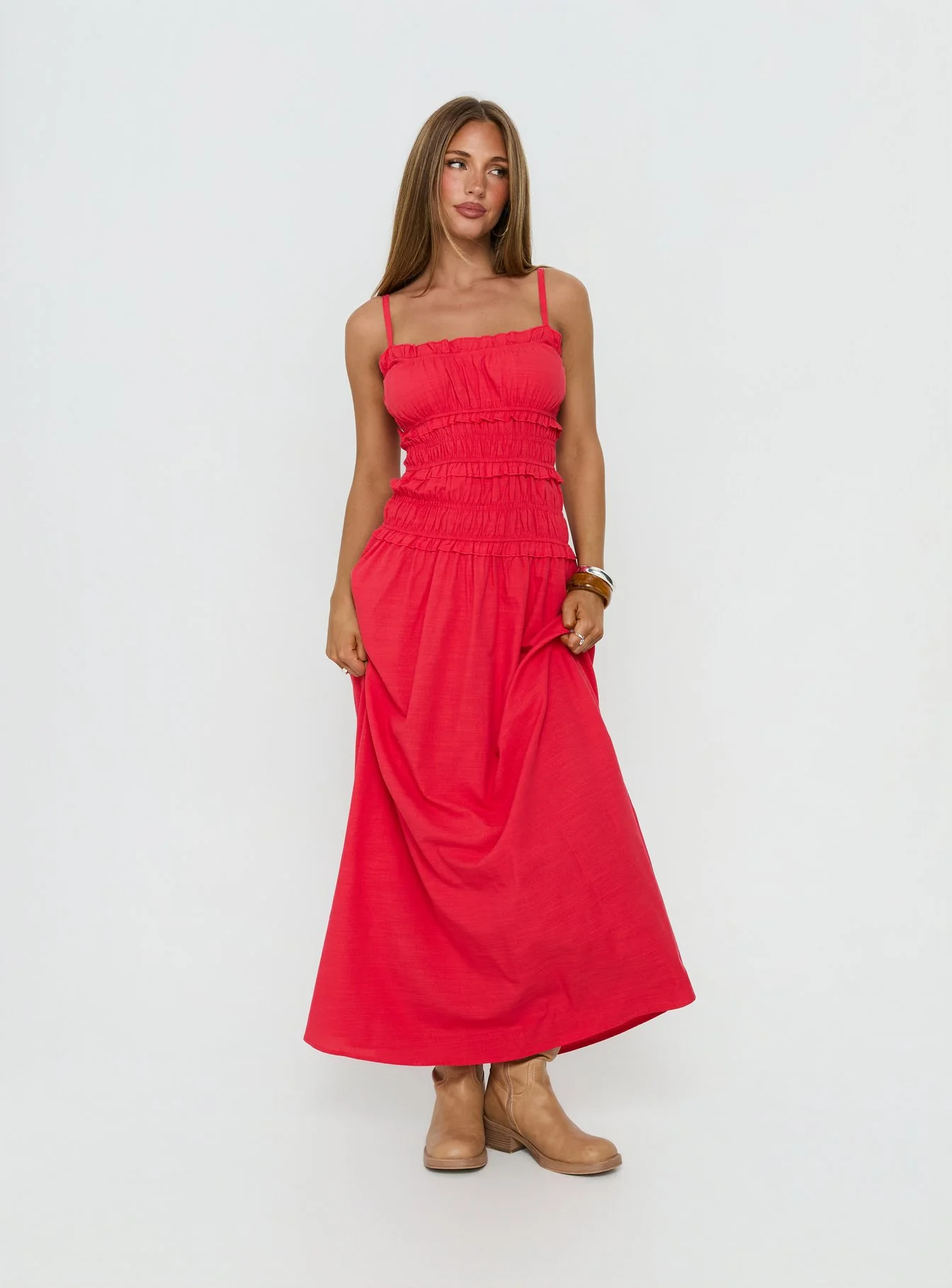 Rubiella Shirred Maxi Dress Red