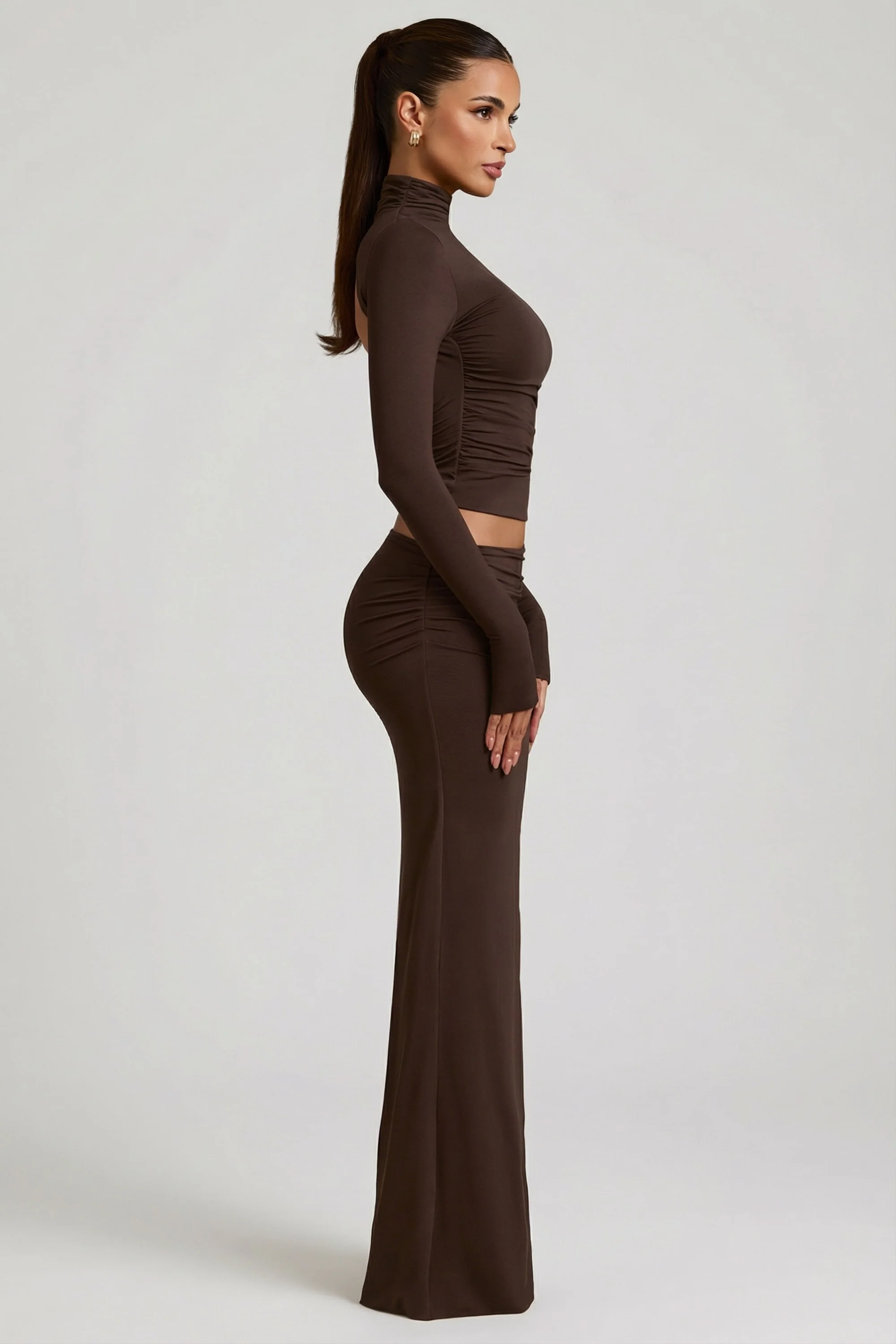 Modal Asymmetric-Waist Maxi Skirt in Chocolate Brown