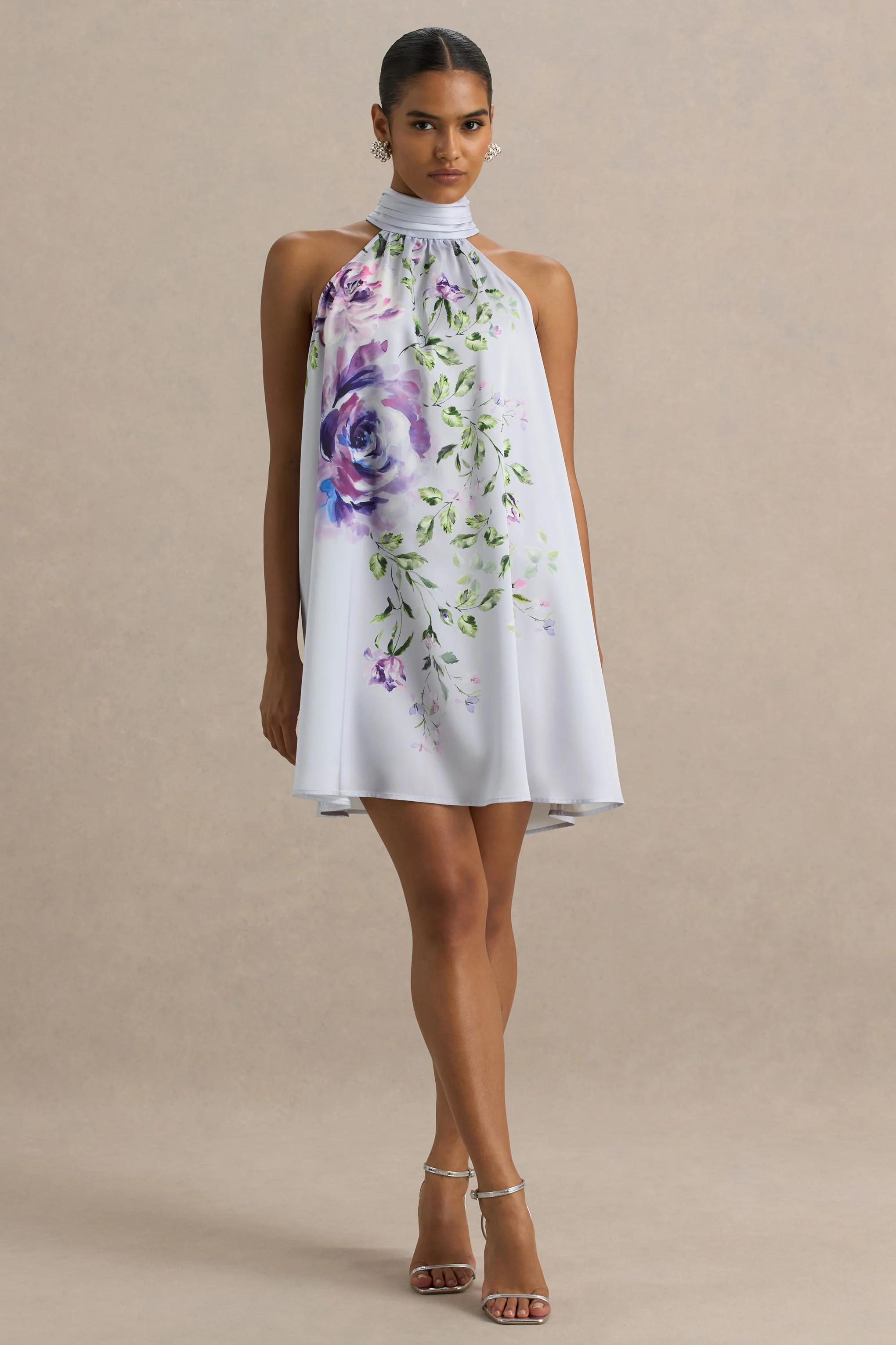Evita | Powder Blue Rose Print High-Neck A-Line Mini Dress With Bow
