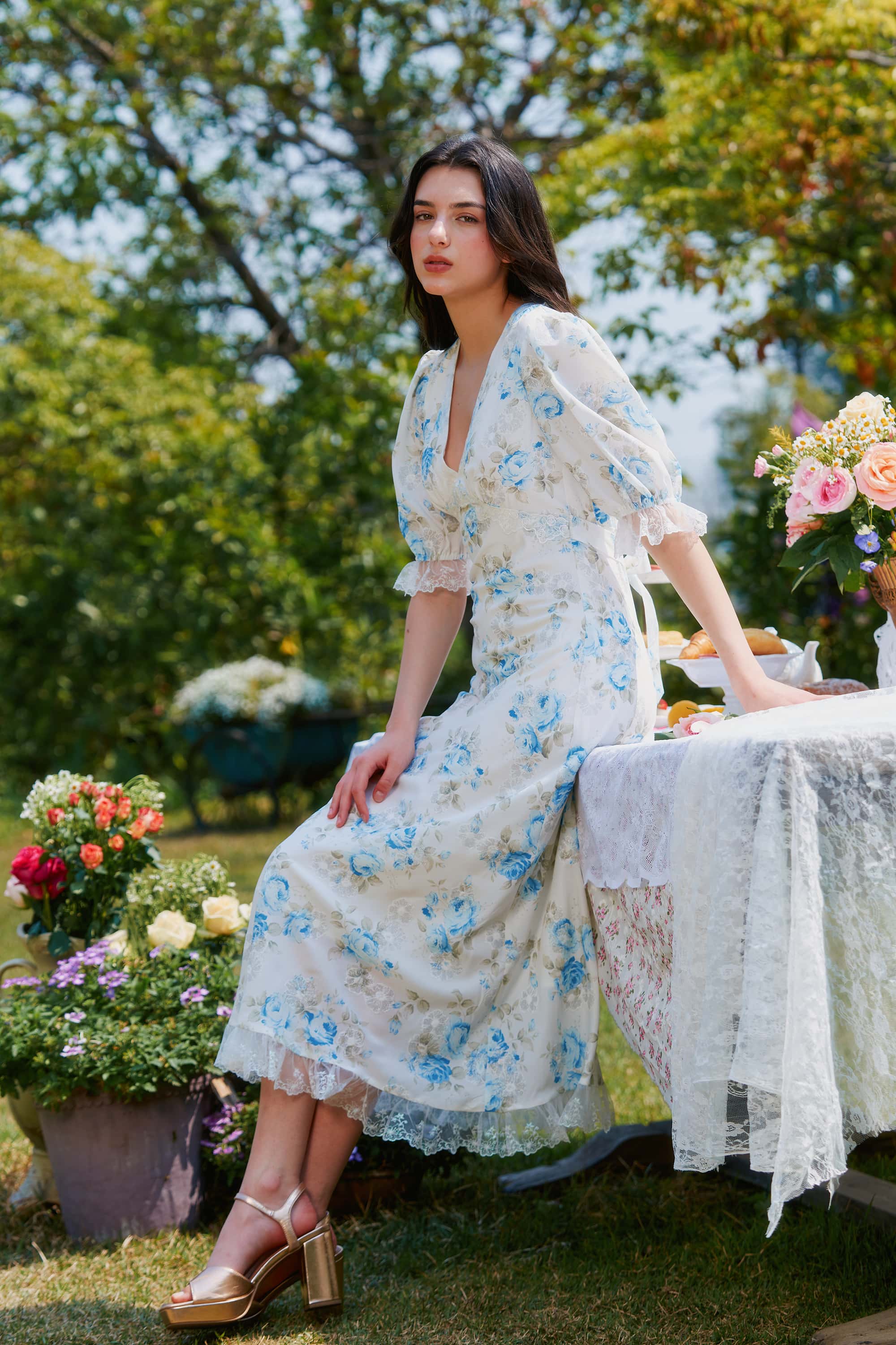 Divia Lace Floral Midi Dress in Blue