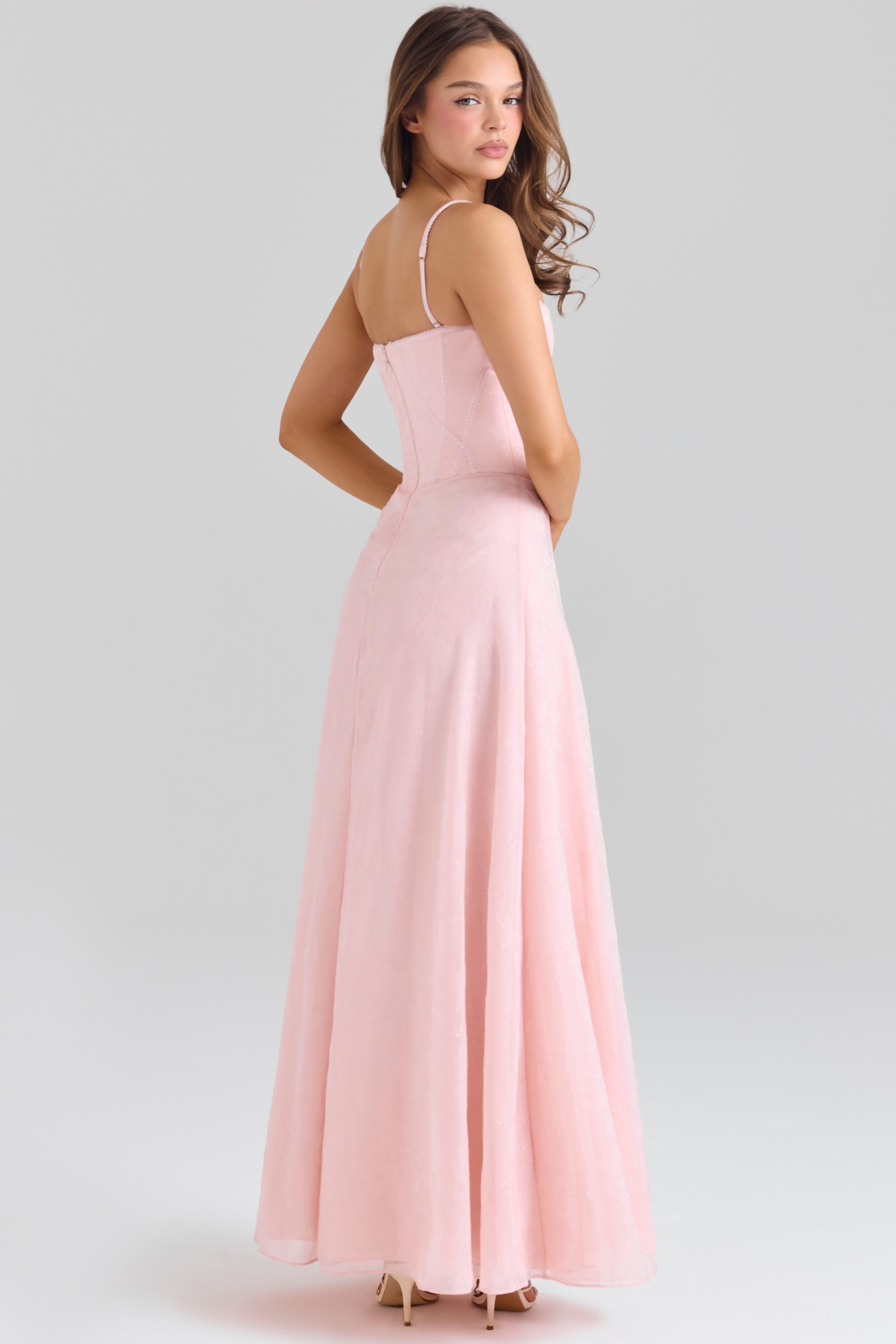 blush pink lurex chiffon maxi dress