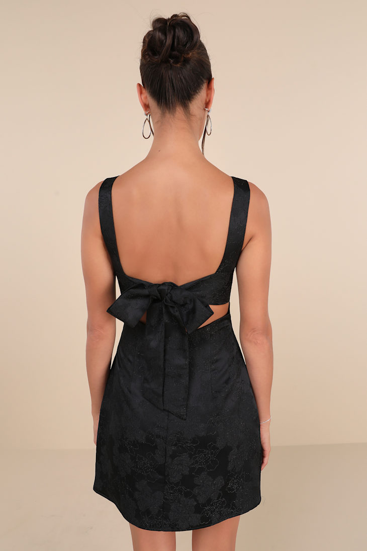 Perfectly Flirtatious Black Floral Jacquard Tie-Back Mini Dress