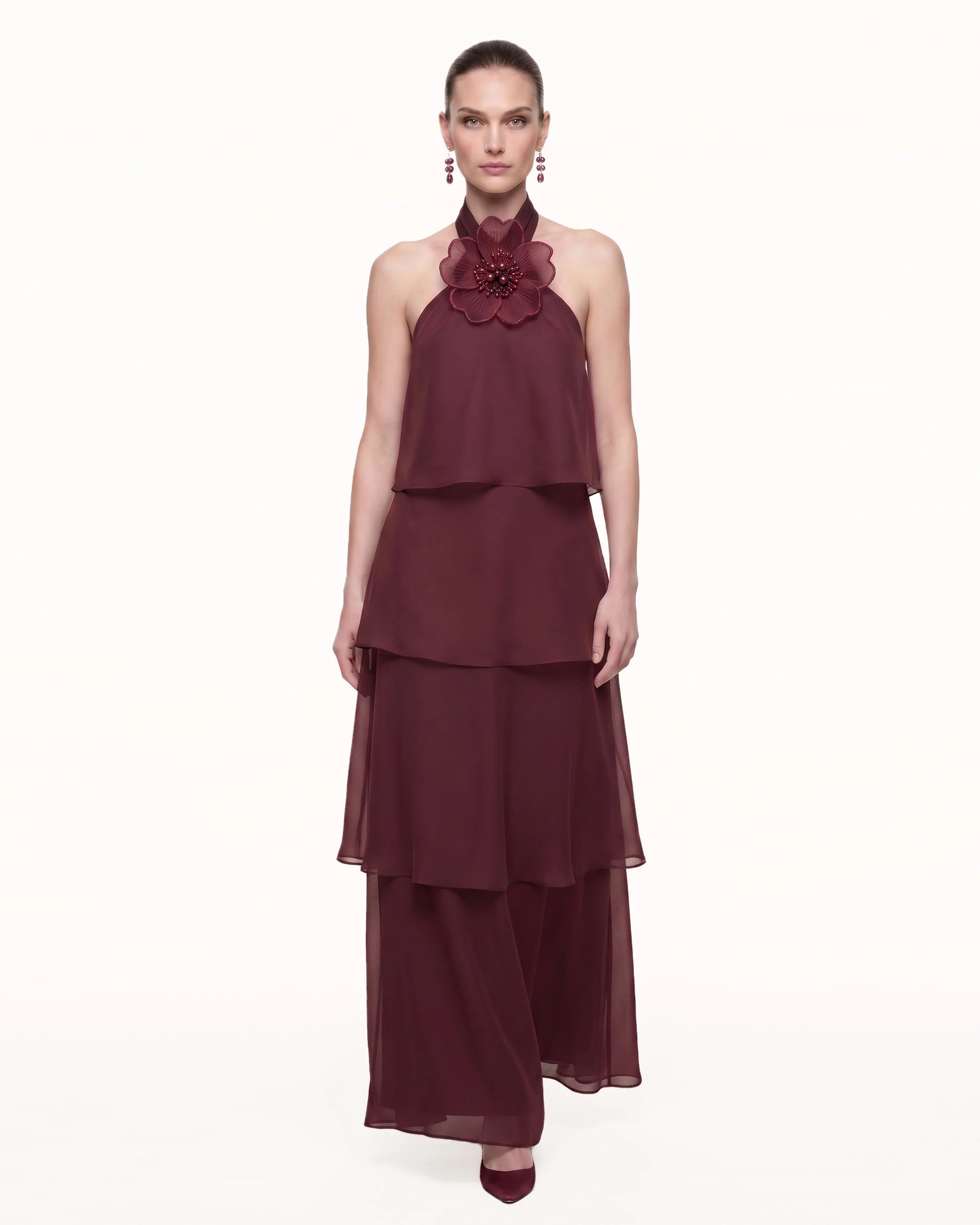 3D Floral Halter Tiered Maxi Dress - Burgundy