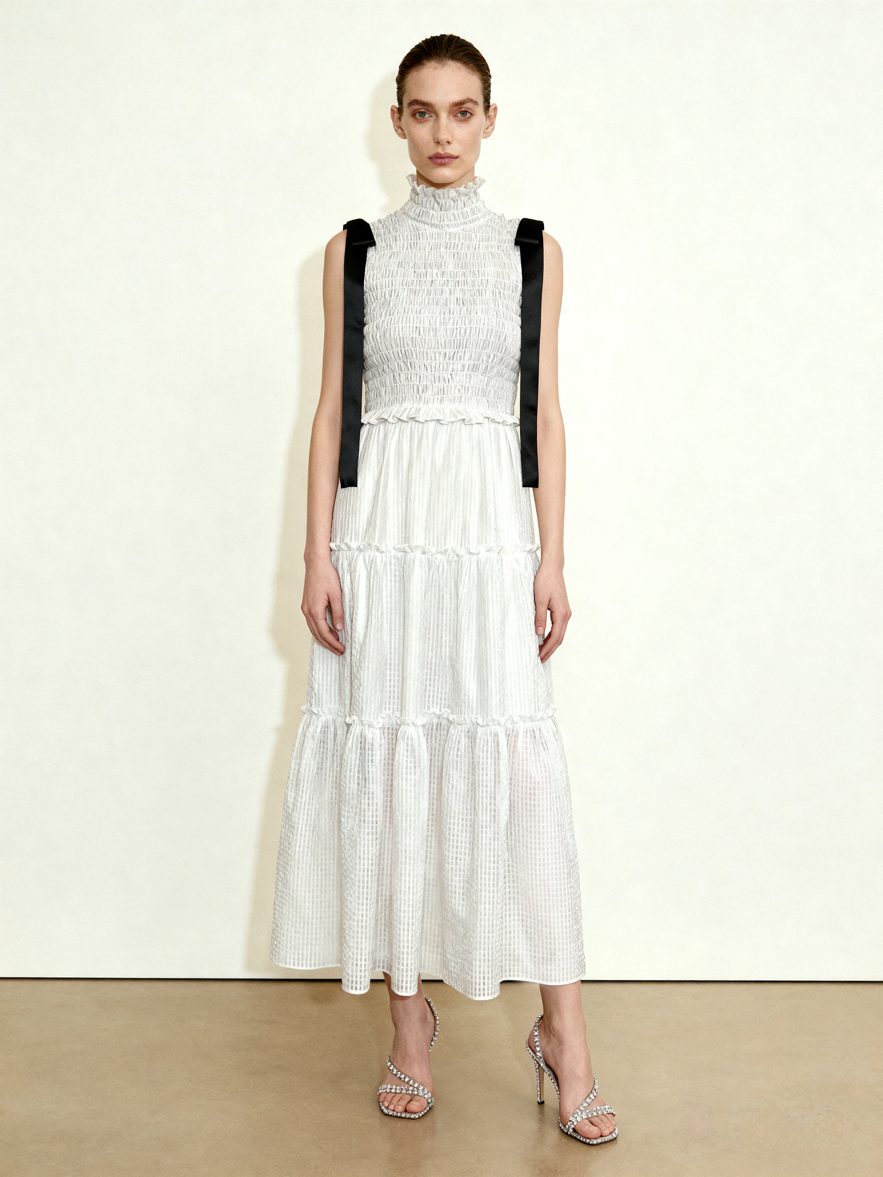 High-Neck Sleeveless Smocked Three-Tier Maxi Dress - White