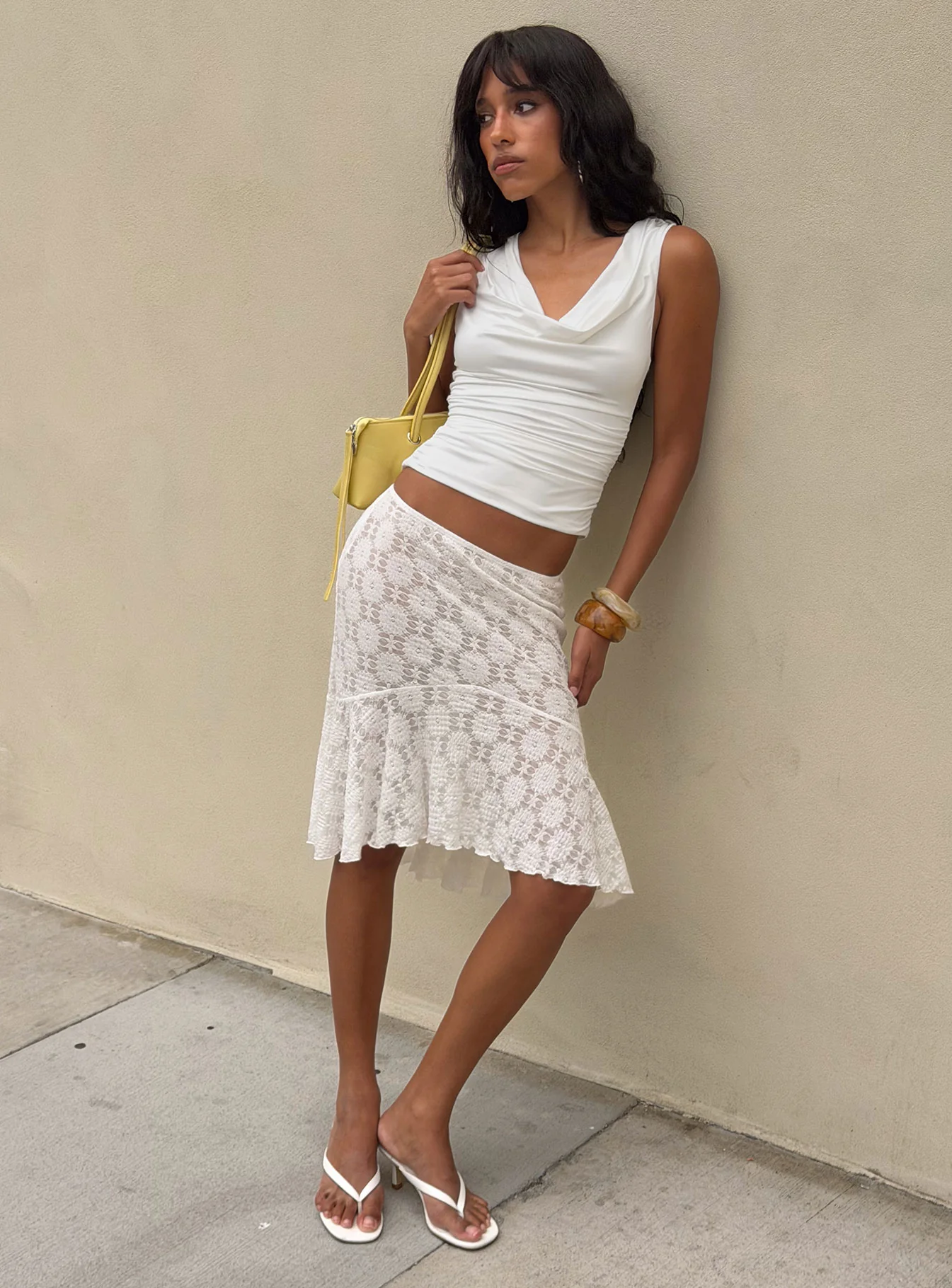 Elphie Sheer Lace Midi Skirt White