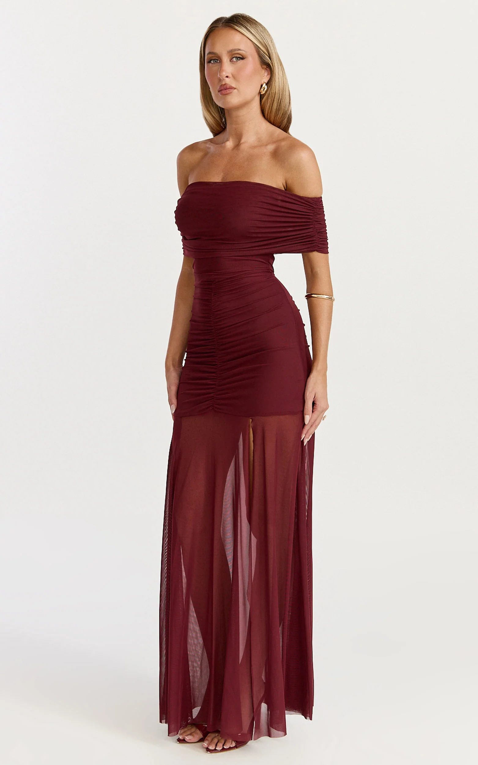 Alanna Maxi Dress - Off Shoulder Ruched Mesh Dress in Wine