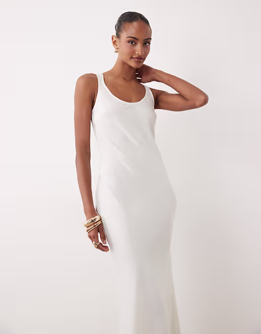 YAS scoop neck satin maxi dress in white