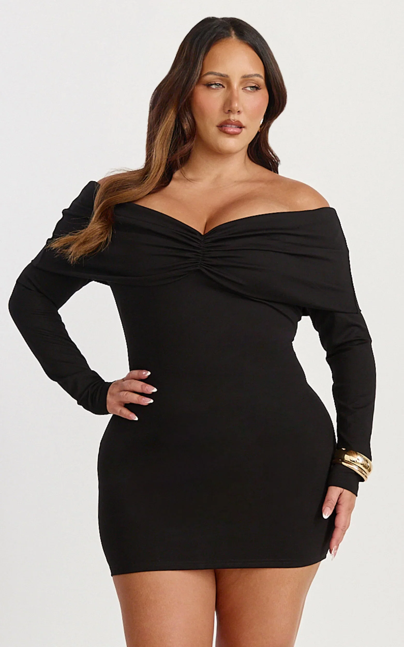 Rani Mini Dress - Off Shoulder Long Sleeve Bodycon Dress in Black