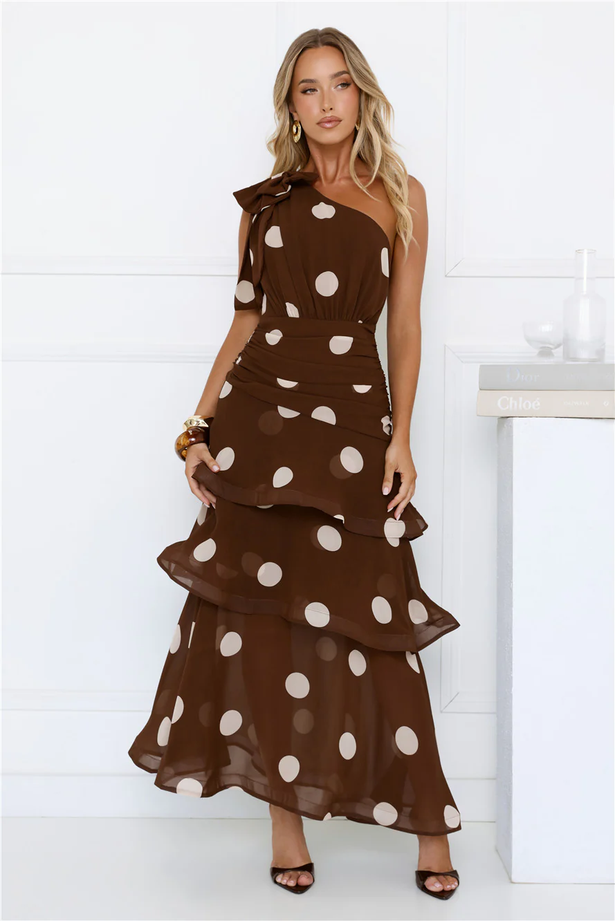 She's Trendy One Shoulder Polka Dot Maxi Dress Brown