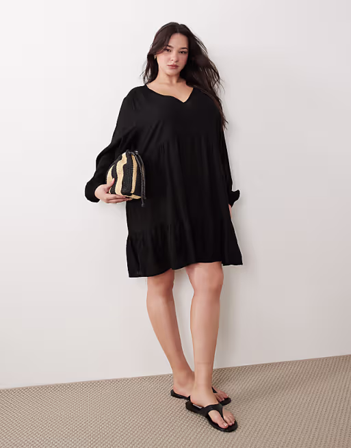 Esmee Curve Exclusive mini tiered smock summer dress with long sleeve in black
