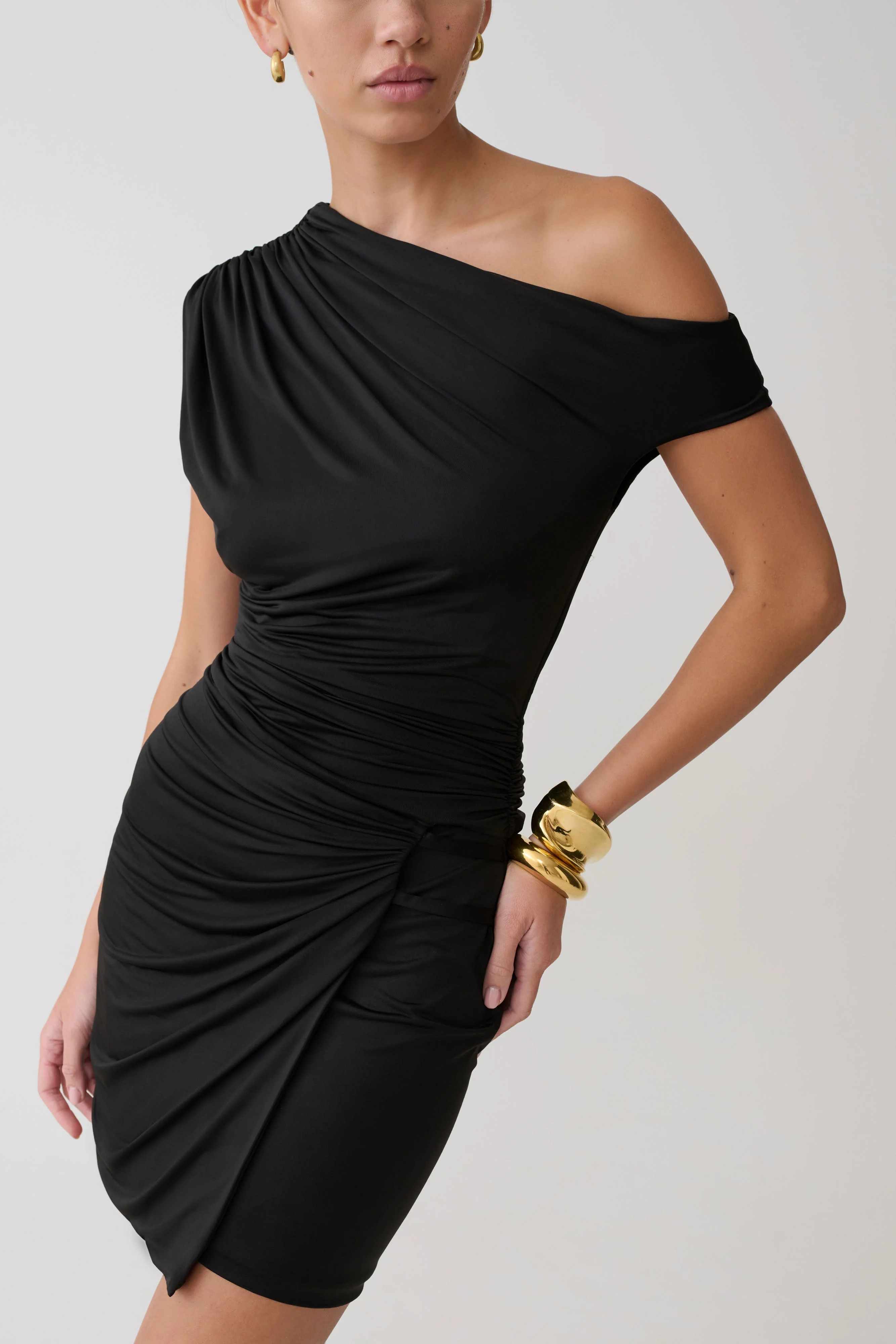 Alyn-Off-Shoulder-Draped-Mini-Dress-Black