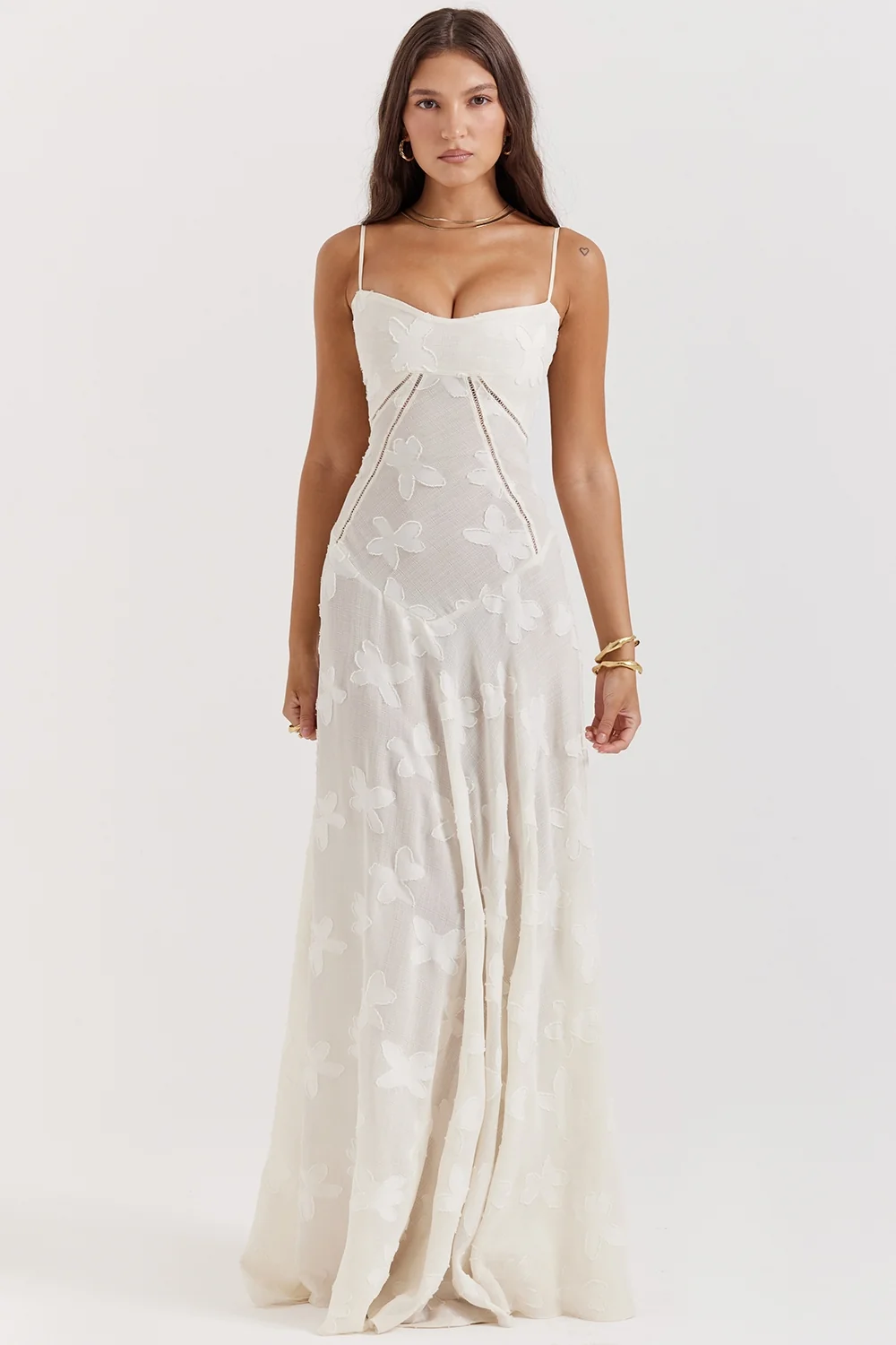Vintage Cream Floral Lace Back Maxi Dress