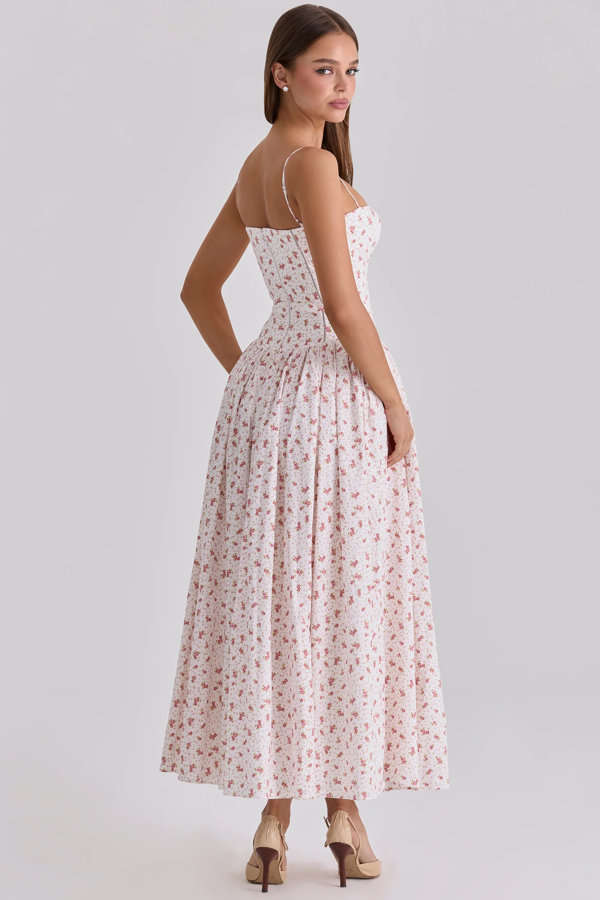 White Rose Print Cotton Midi Sundress