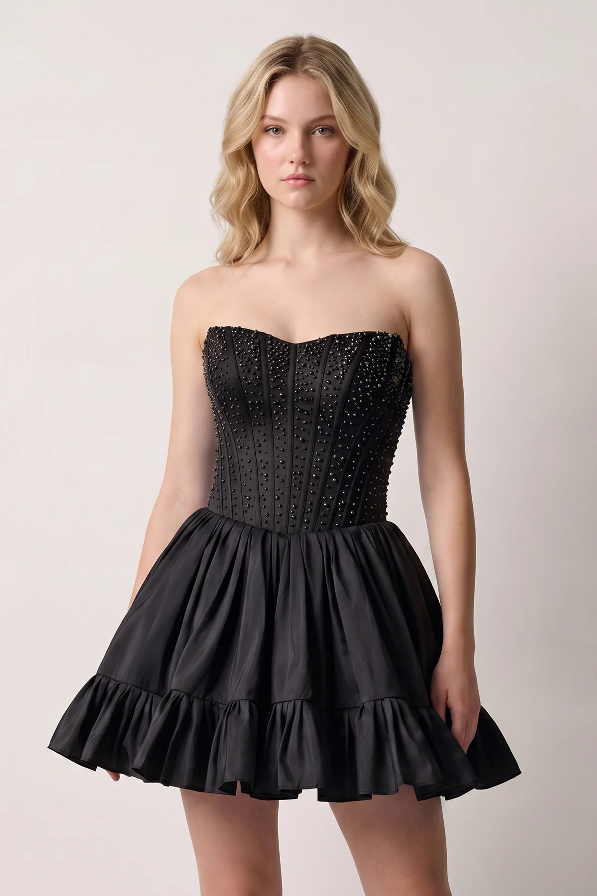 Sky Blue Strapless A Line Satin Ruffles Homecoming Dresses With Pearls