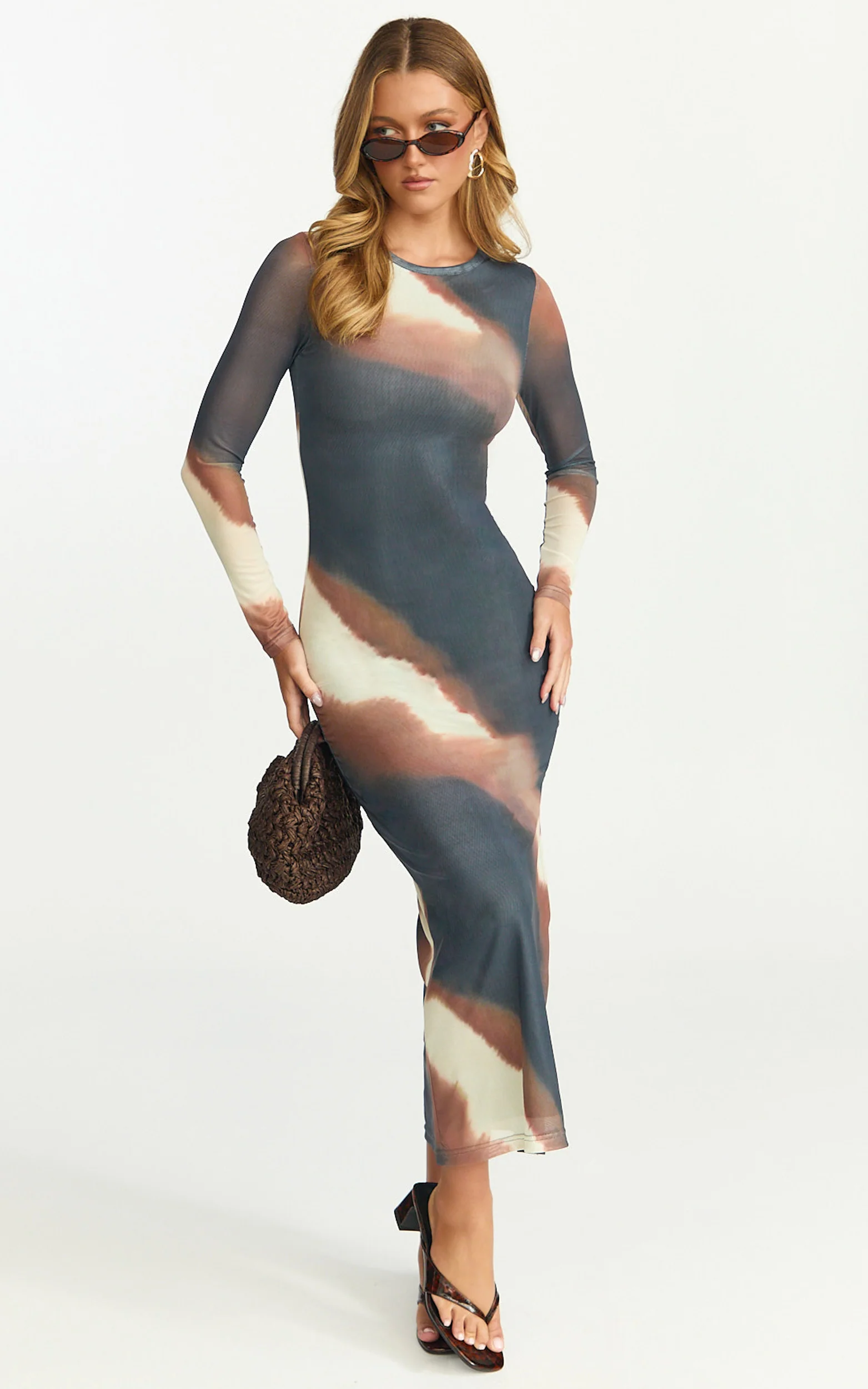 Margot Maxi Dress - High Neck Long Sleeve Mesh Dress in Rust Print