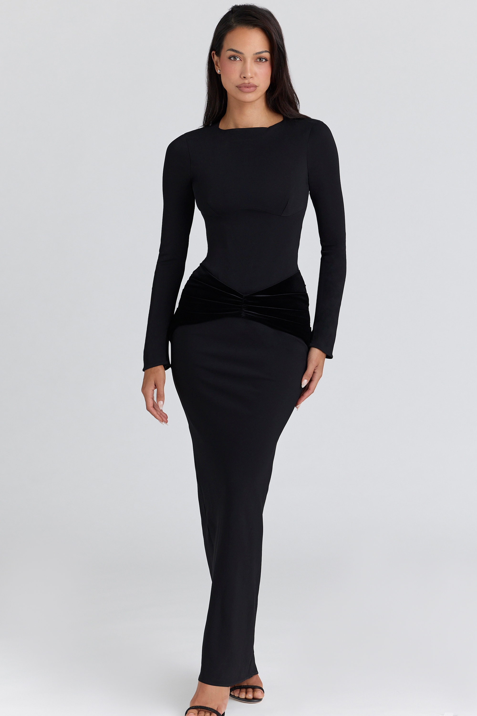 black long sleeve crepe jersey maxi dress