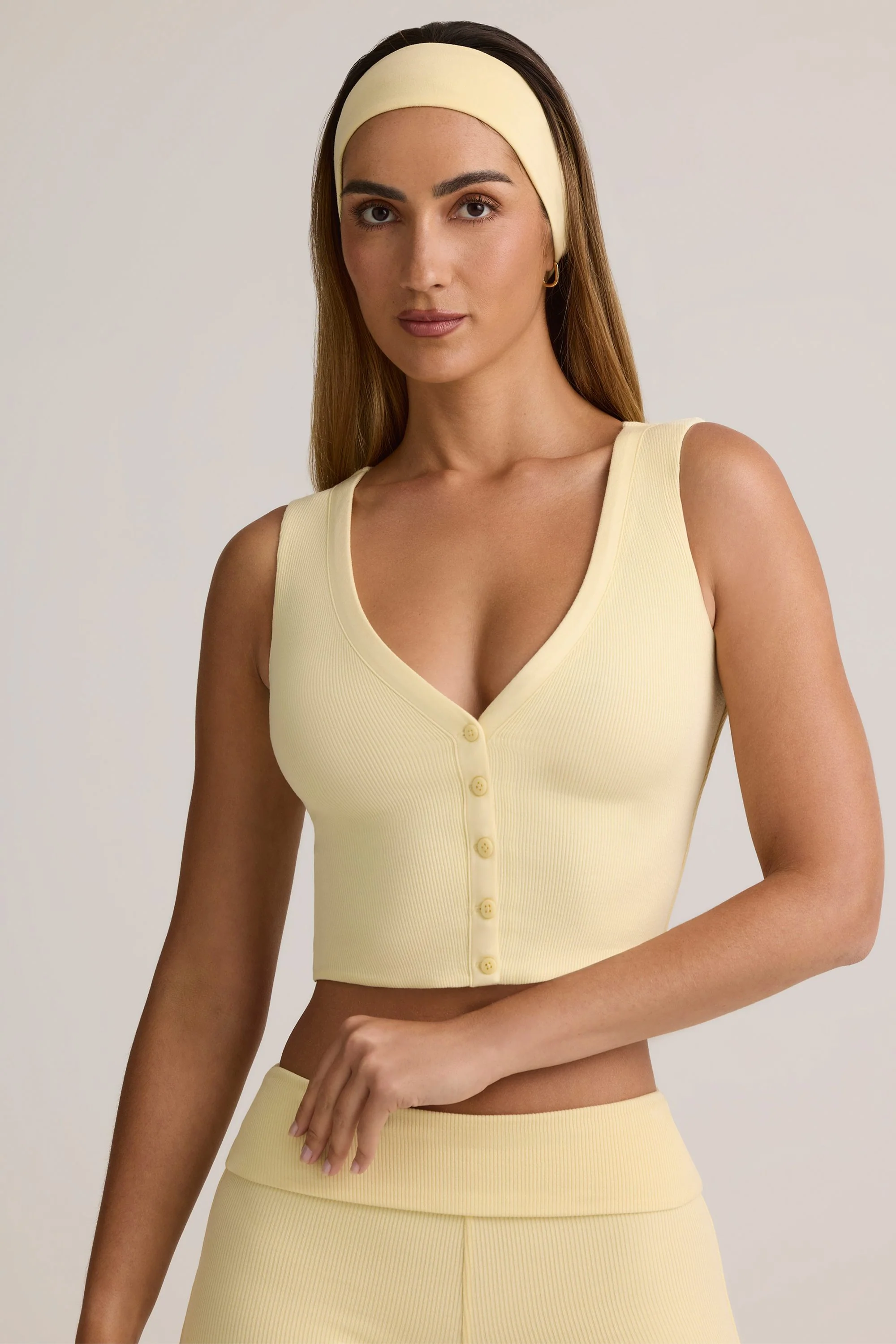Modal Ribbed Button-Up Vest Top in Buttercream Yellow