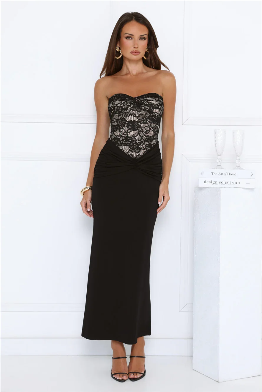 Signature Sleek Lace Strapless Maxi Dress Black