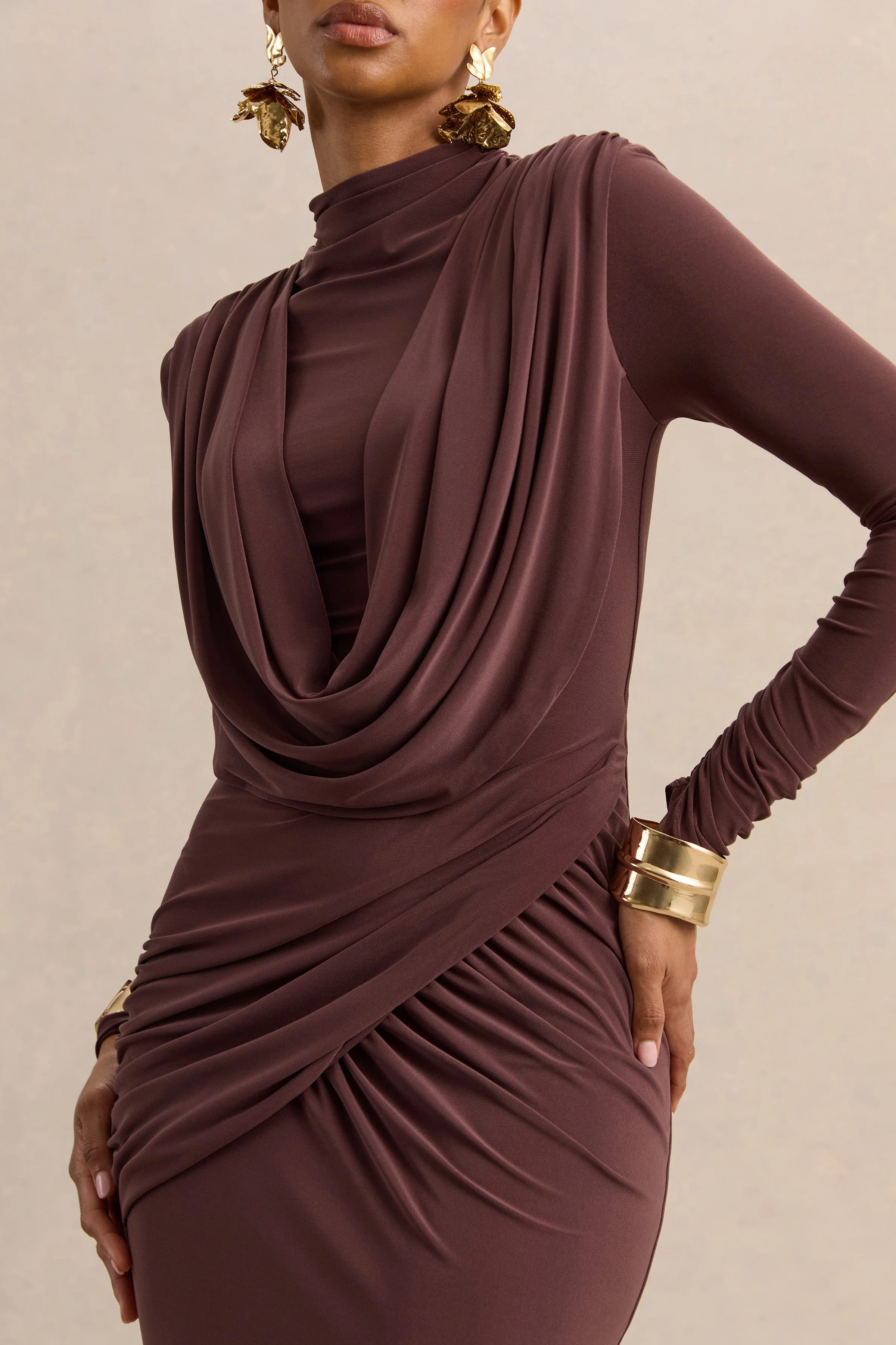 Karinthia | Brown High-Neck Maxi Dress With Draped-Detailing