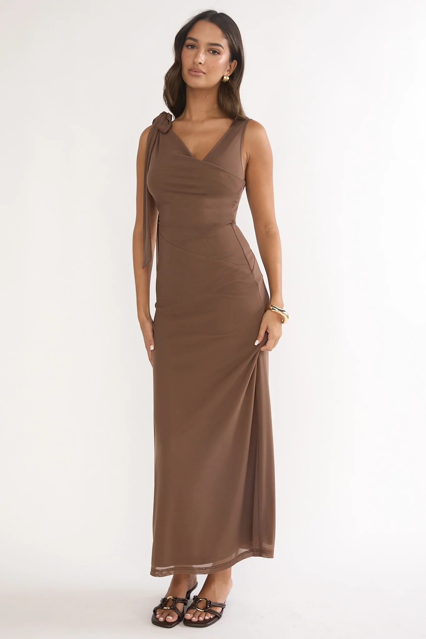 Cavelle Tie Shoulder Mesh Maxi Dress Chocolate